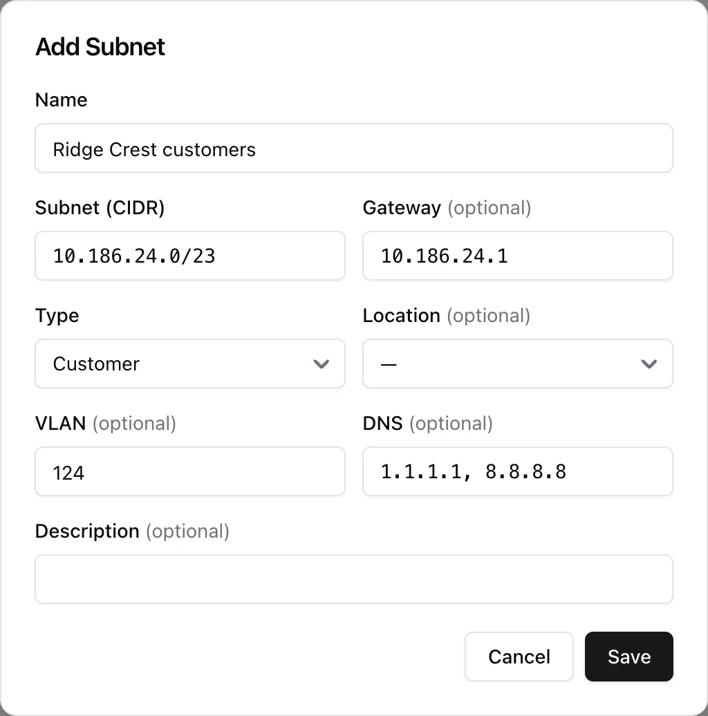The Add Subnet dialog with an IPv4 CIDR, gateway, type, VLAN and DNS