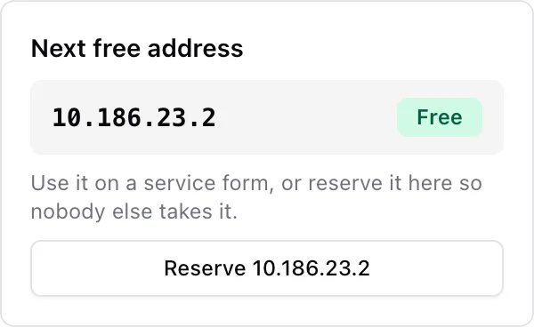 The Next free address card showing the first available address with a Reserve button