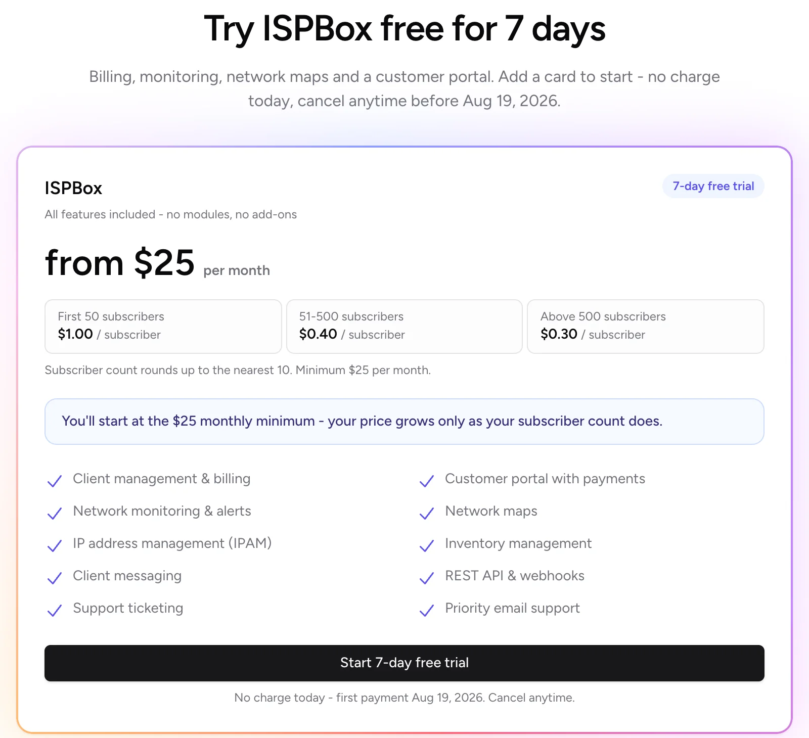 The trial offer on the plan page: Try ISPBox free for 7 days, the price tiers, and a Start 7-day free trial button with the first payment date underneath