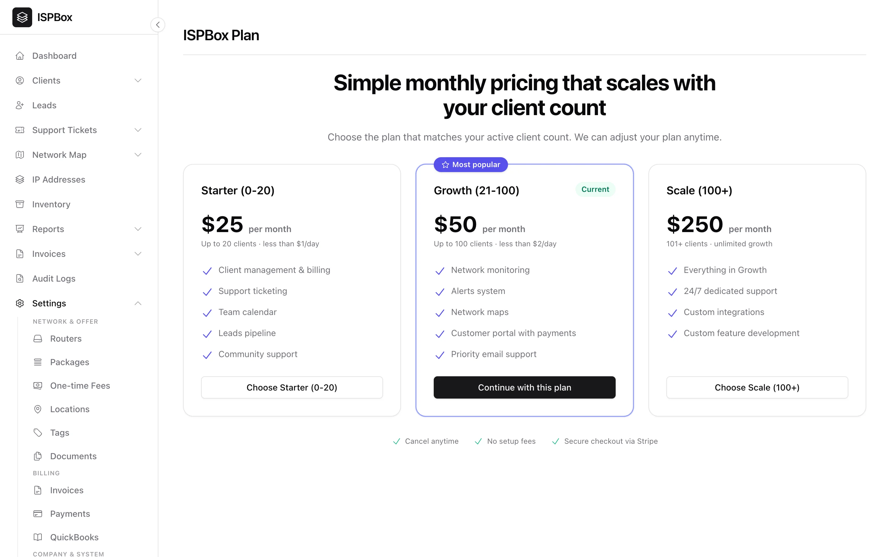 The ISPBox Plan page with Starter, Growth and Scale tiers priced by client count