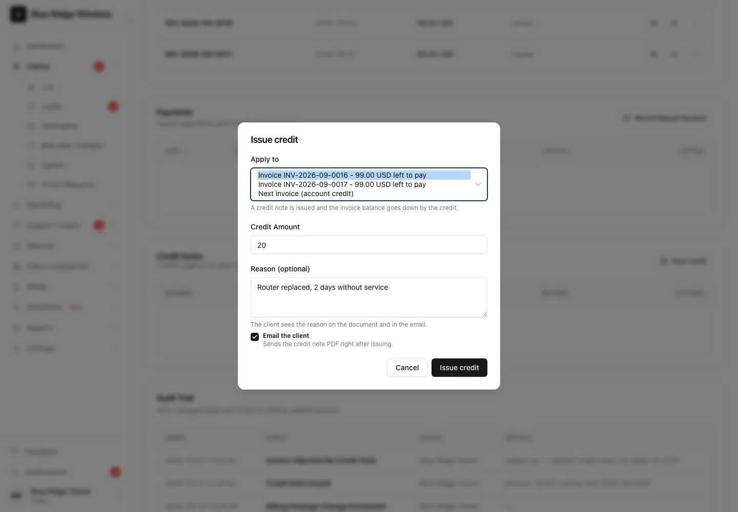The Apply to list in the Issue credit window: two open invoices with what is left to pay on each, and Next invoice (account credit)