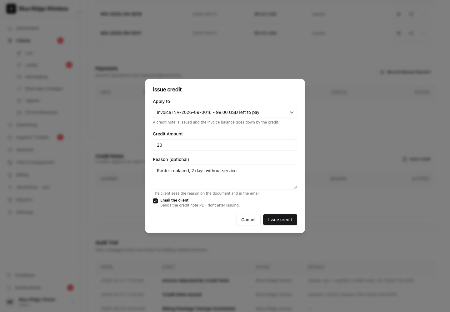 The Issue credit window with invoice INV-2026-09-0016 picked, an amount of 20, a reason and Email the client ticked