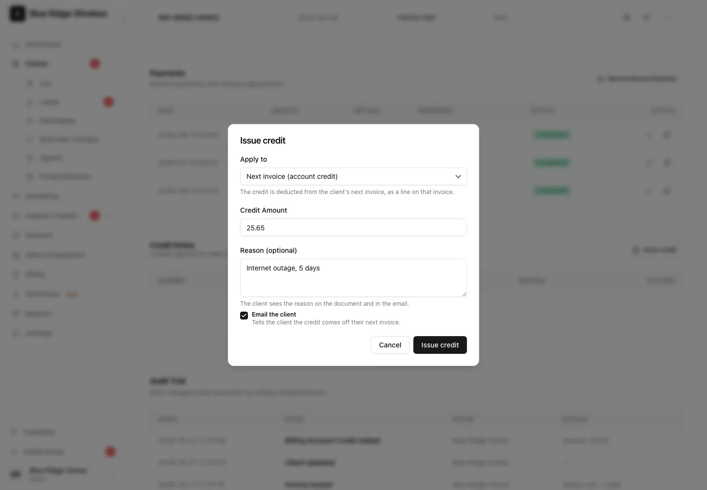 The Issue credit window with Next invoice (account credit) picked, an amount of 25.65 and the reason Internet outage, 5 days