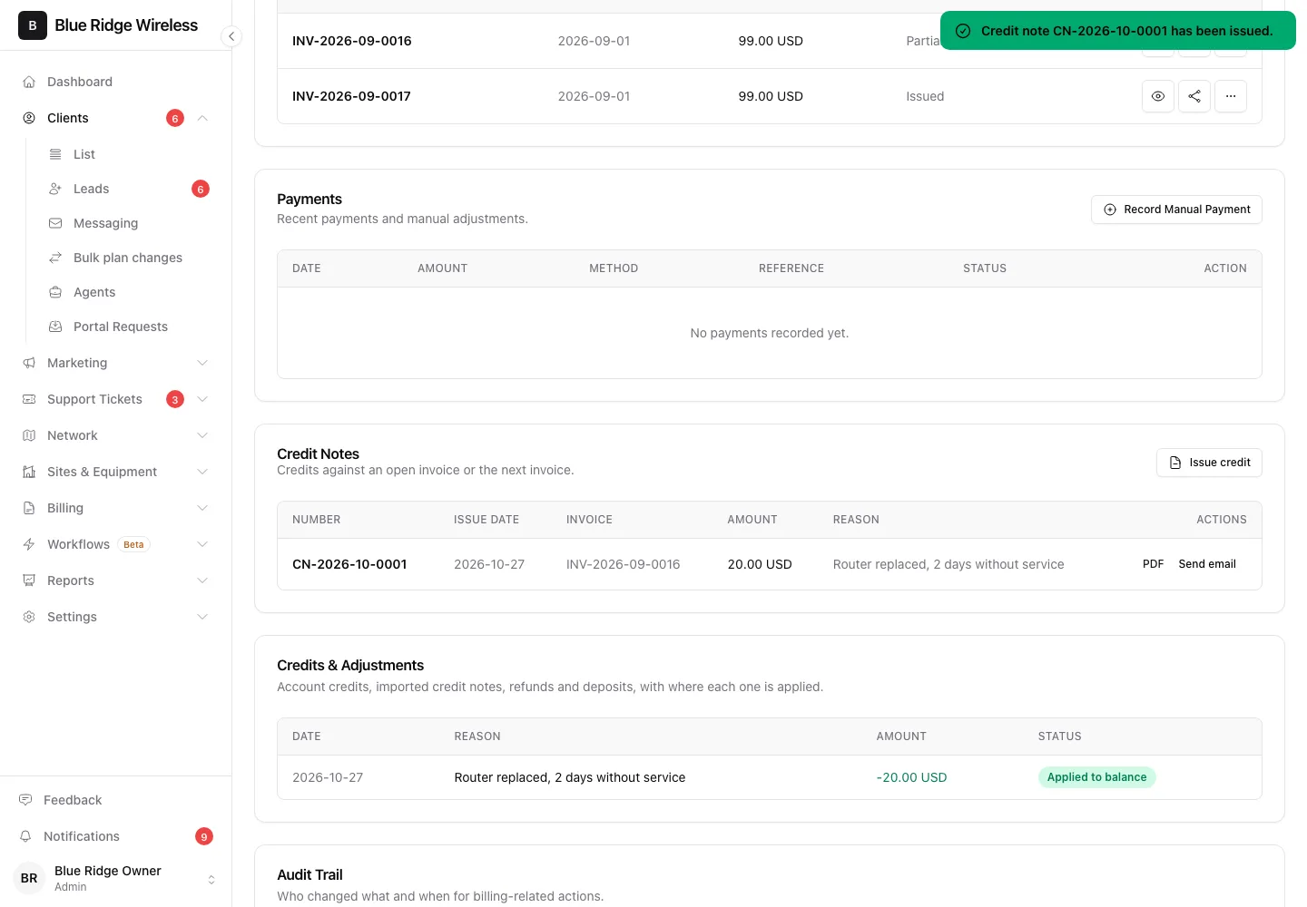 The new credit note CN-2026-10-0001 for 20.00 USD in the Credit Notes card, with PDF and Send email actions, and the same amount applied to balance in Credits and Adjustments