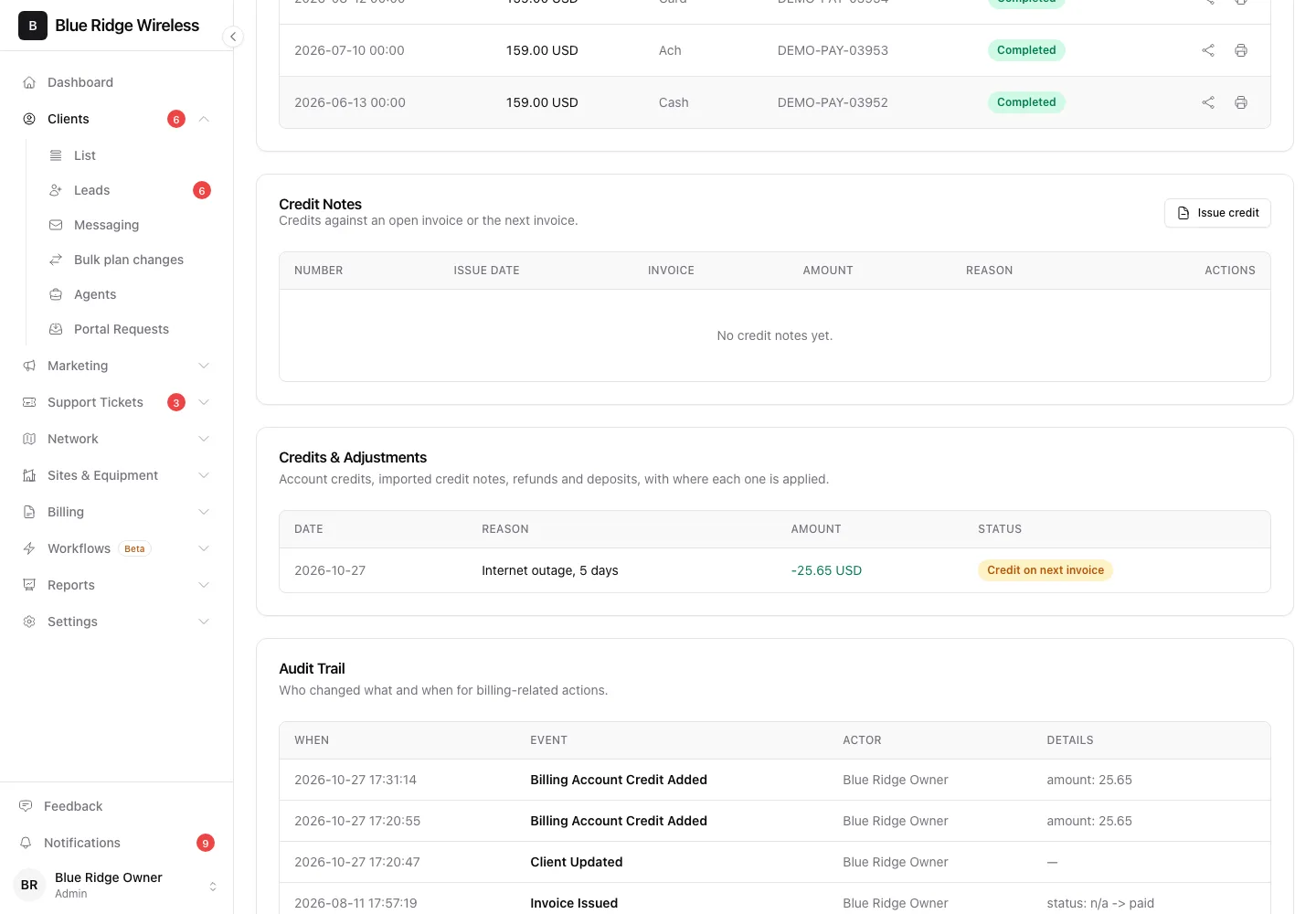The Credits and Adjustments card showing Internet outage, 5 days, -25.65 USD with the status Credit on next invoice