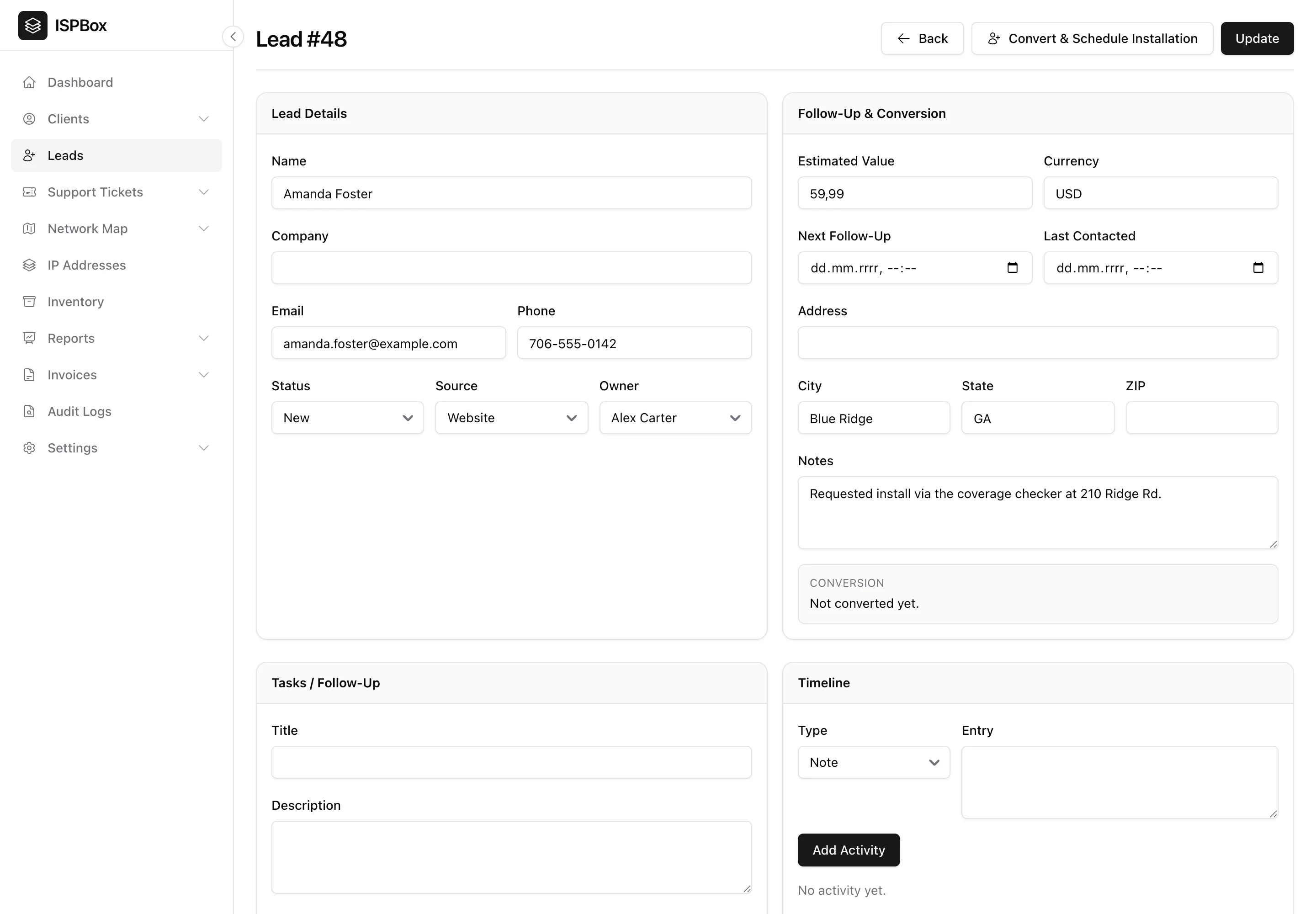 A lead detail page with contact info, follow-up and conversion fields, tasks and an activity timeline