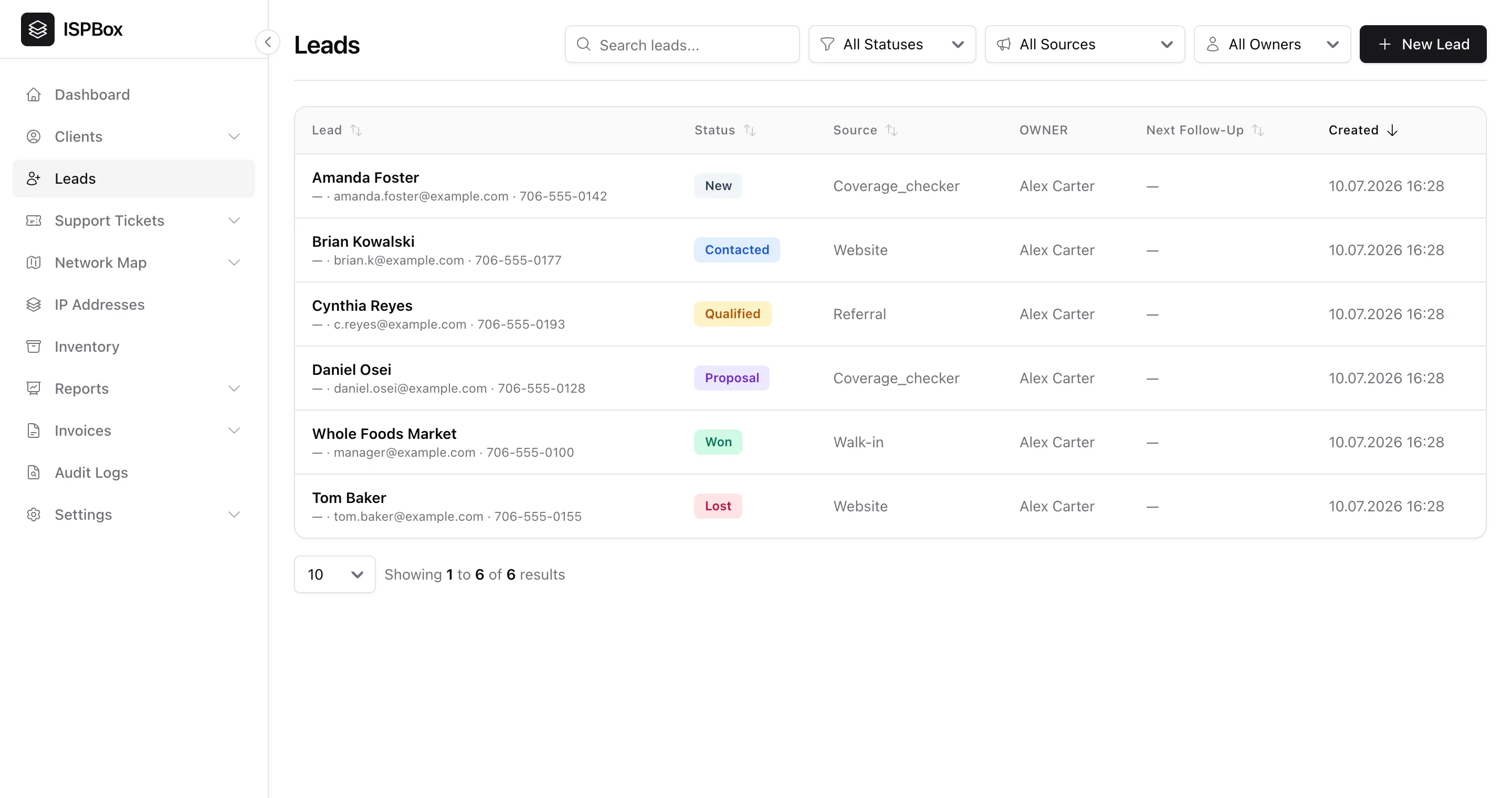 The Leads pipeline listing prospects with colour-coded statuses, sources and owners