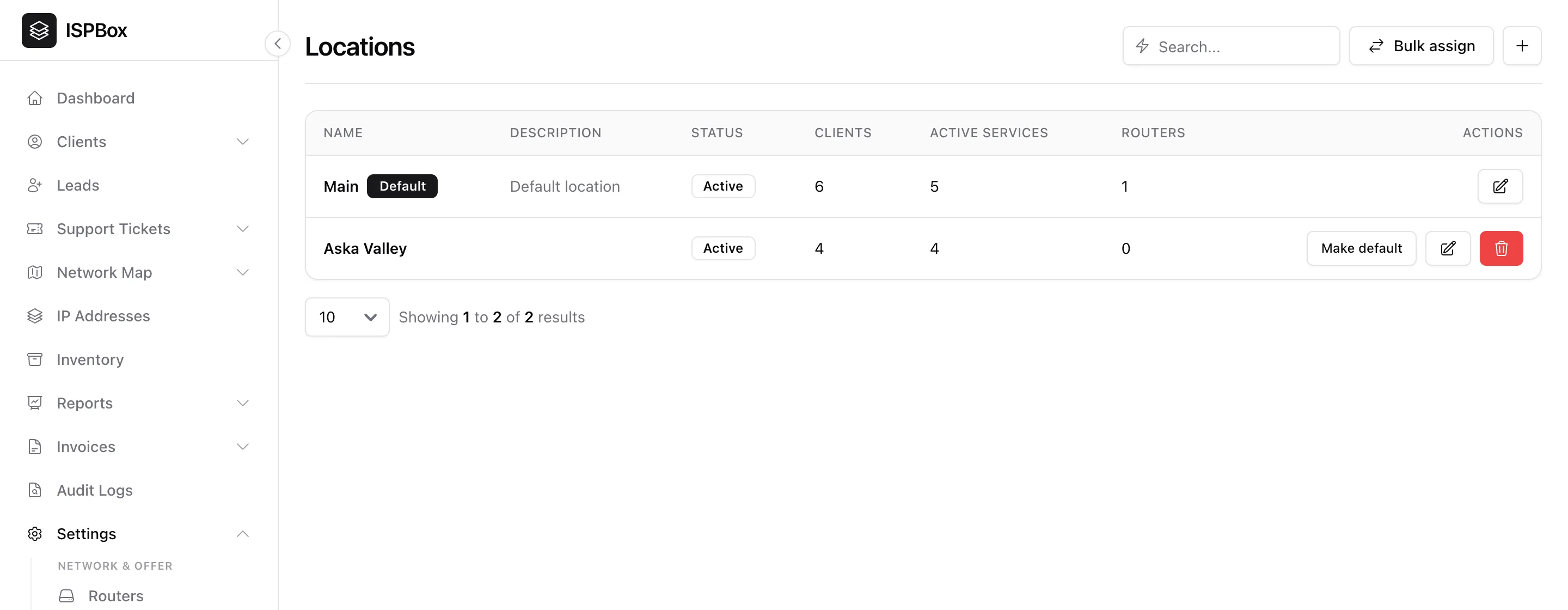 The Locations settings page listing service areas with client, service and router counts