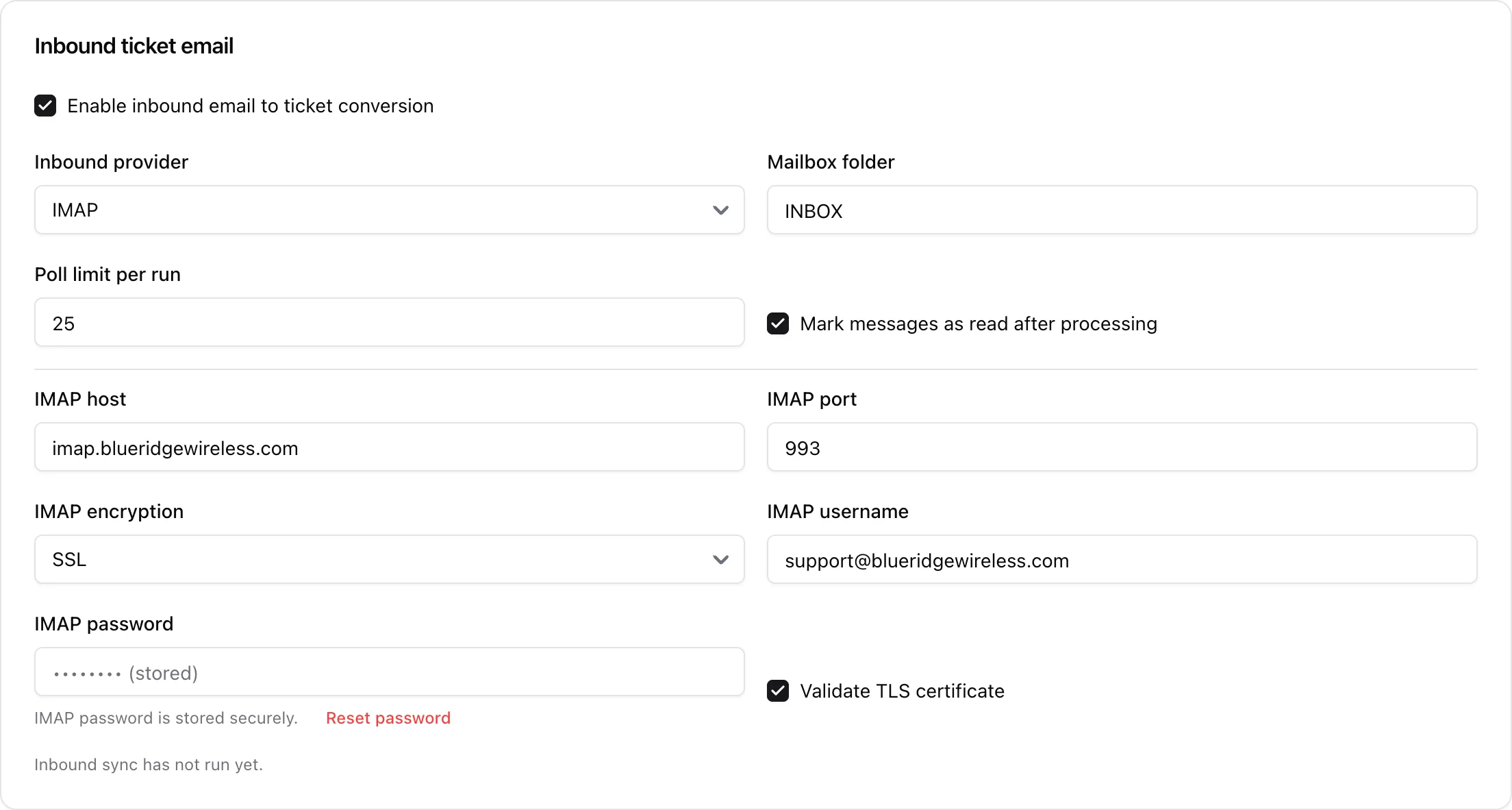 Inbound ticket email settings: enable toggle, IMAP provider, mailbox folder, poll limit and IMAP credentials