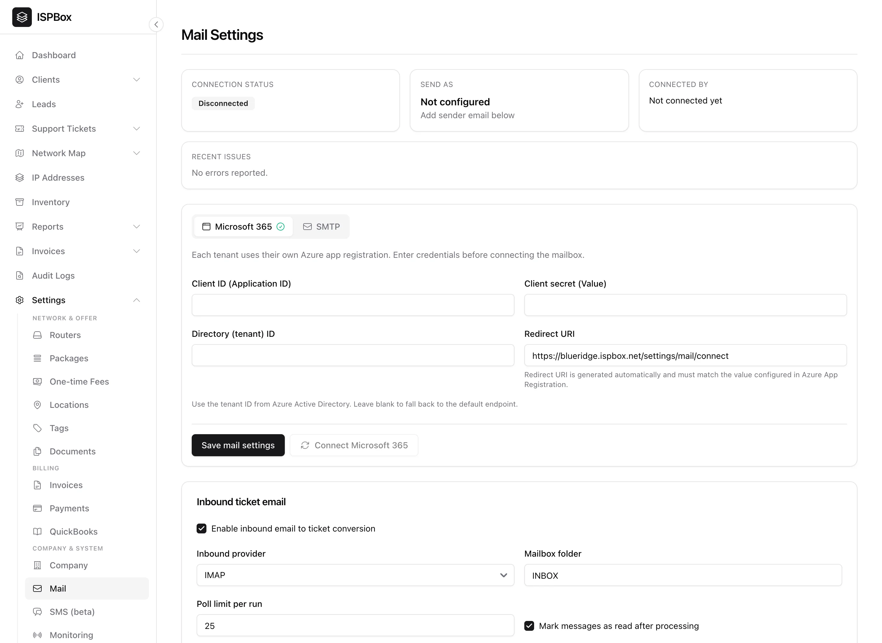 Mail settings on the Microsoft 365 tab with Azure client ID, secret, tenant ID and the redirect URI