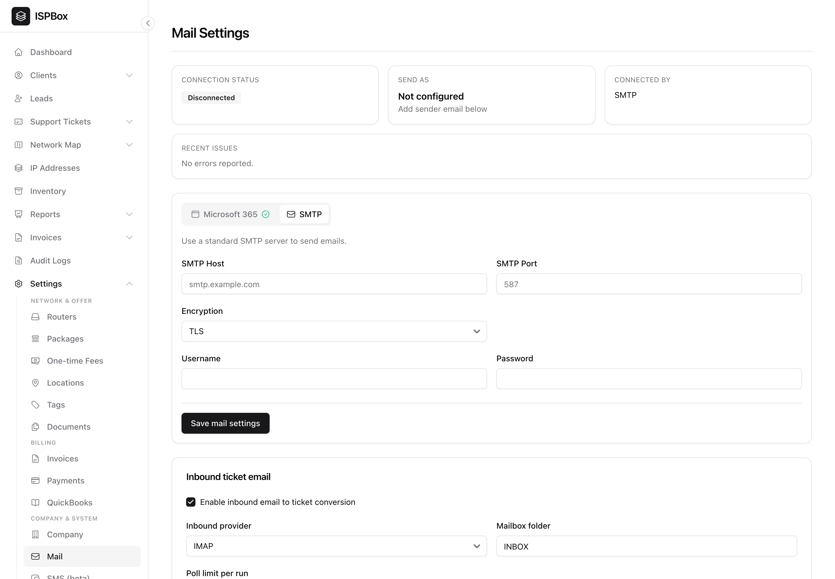 Mail settings on the SMTP tab with host, port, encryption, username and password fields