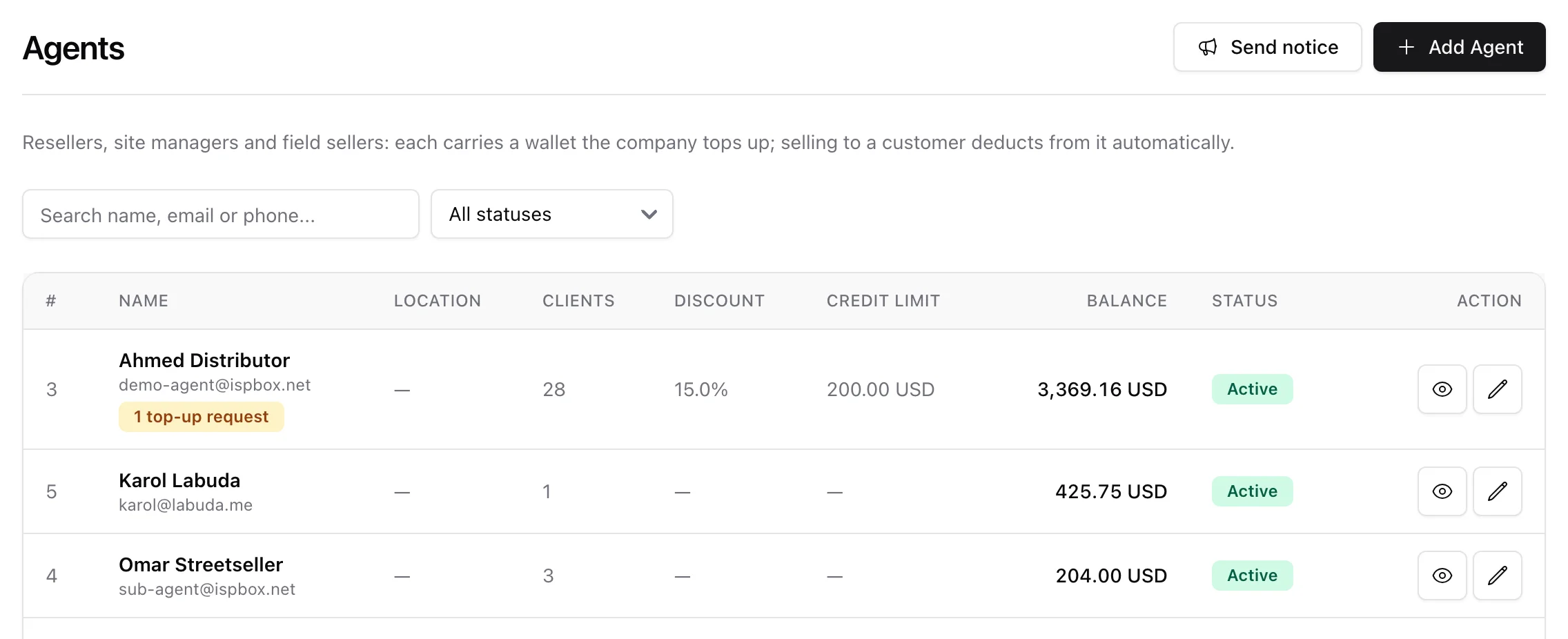 The Agents list with balances, client counts, a top-up request badge and the Send notice button