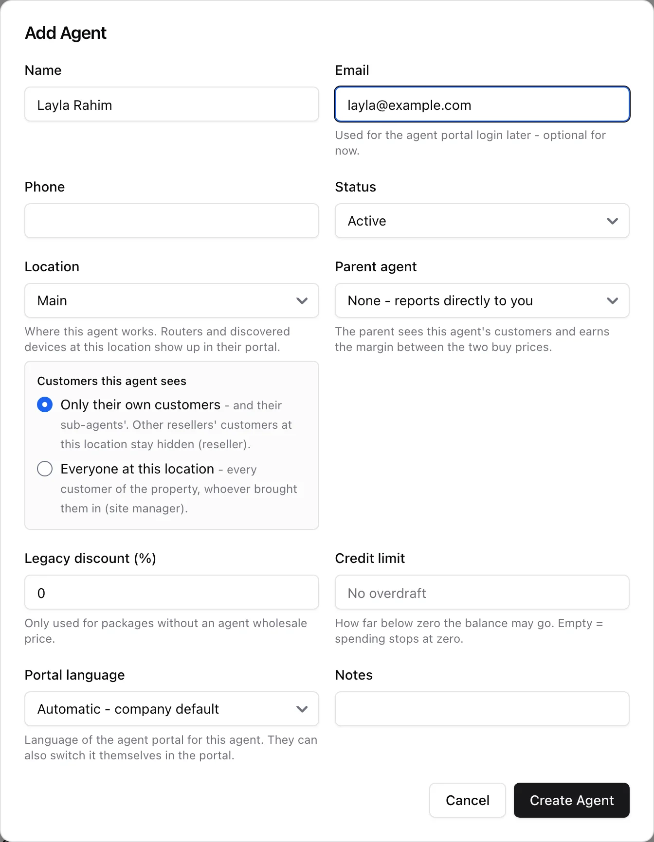 The Add Agent dialog with a location picked, showing the customer-scope choice between reseller and site manager