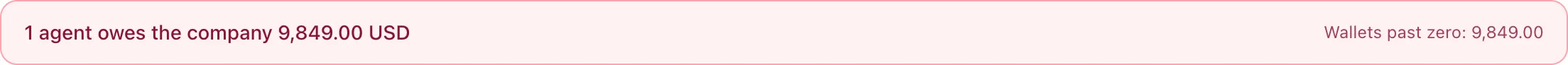 A red line above the agents table: 1 agent owes the company 9,849.00 USD, wallets past zero 9,849.00
