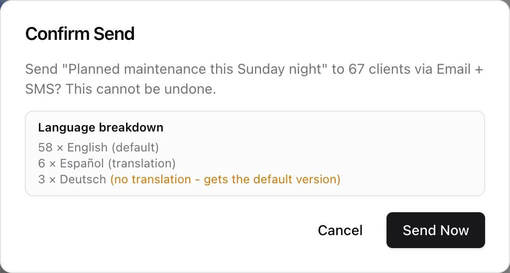 The Confirm Send dialog listing the recipient count per language: English as default, Spanish as a translation, German with no translation