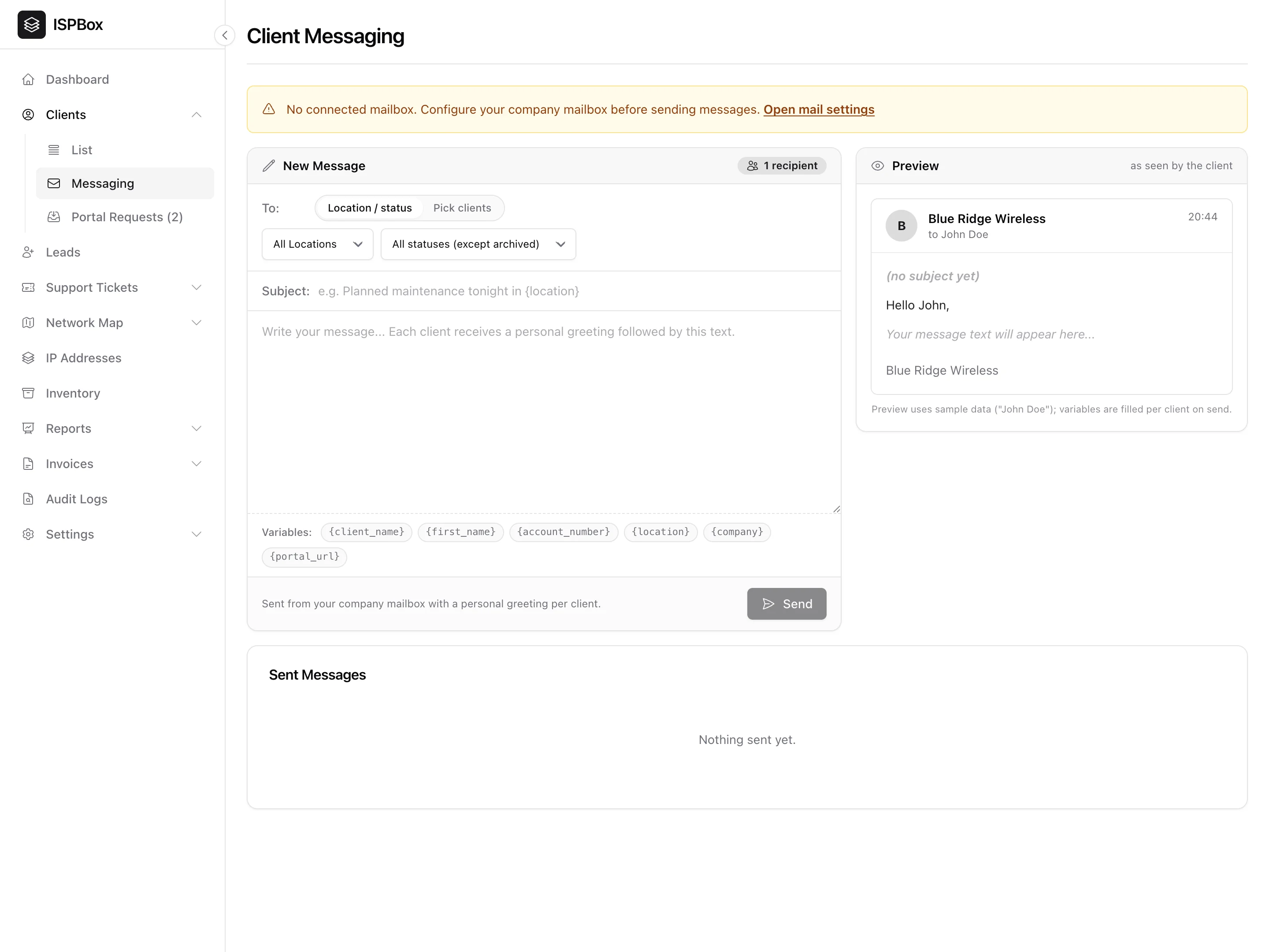 Client Messaging: compose a message to a filtered audience with variables, and a live preview as seen by the client