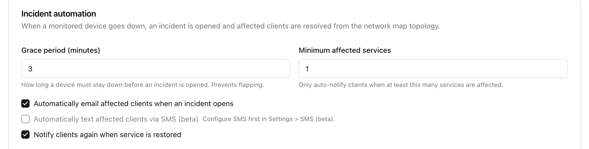 Incident automation settings: grace period, minimum affected services, and auto-notify toggles