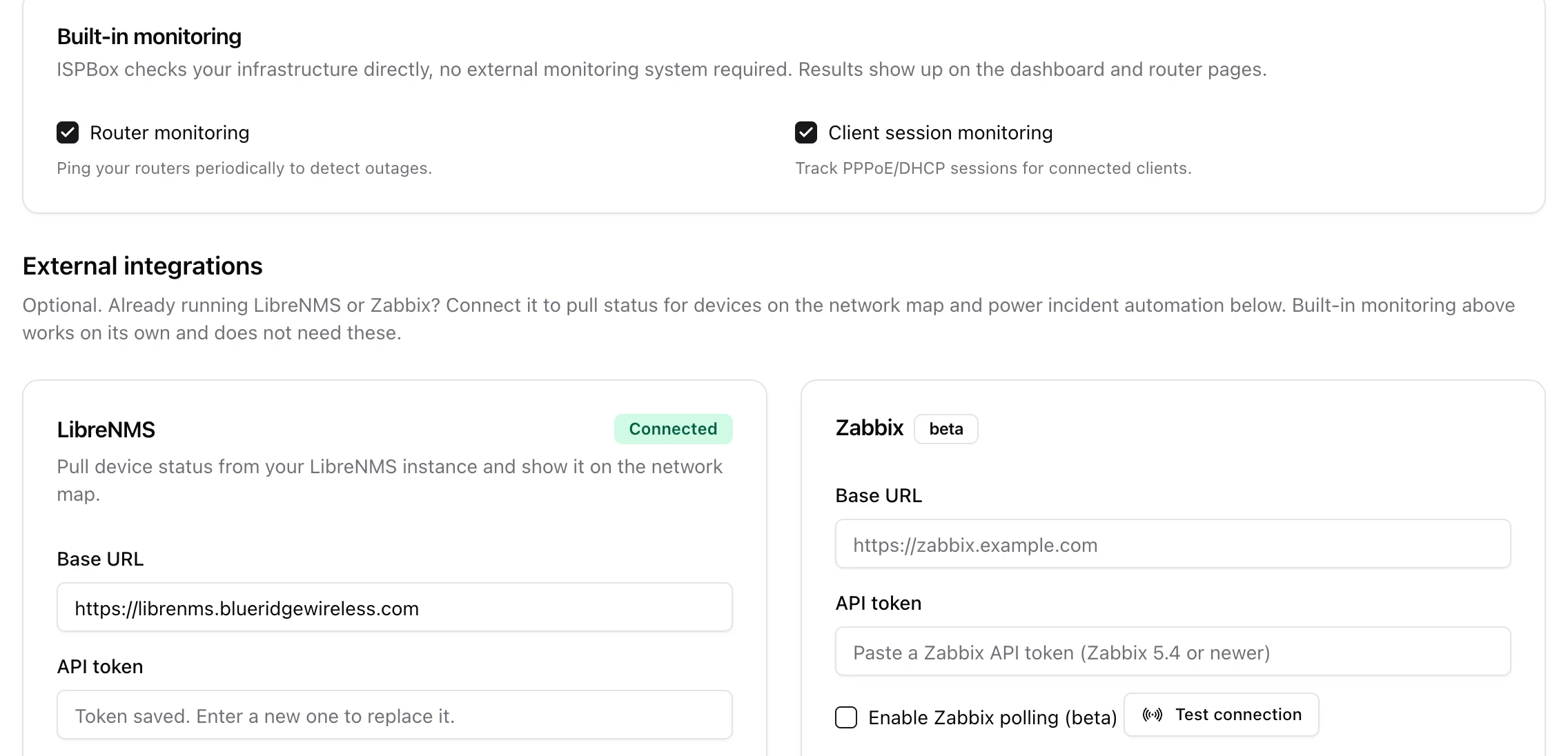 Monitoring settings: built-in router and client monitoring toggles, plus LibreNMS (Connected) and Zabbix beta integrations