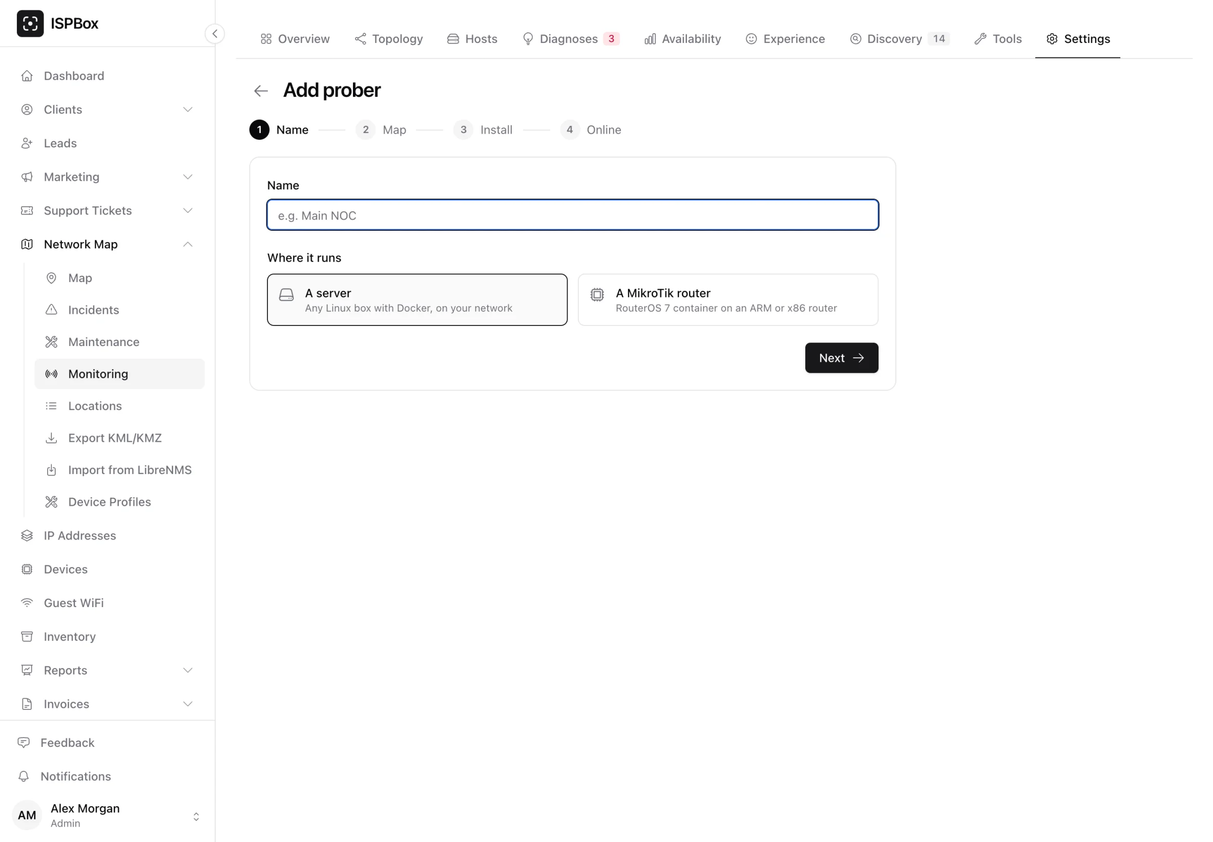 The Add prober page, step 1 of 4 (Name, Map, Install, Online): the probe's name and where it runs, a server with Docker or a MikroTik router