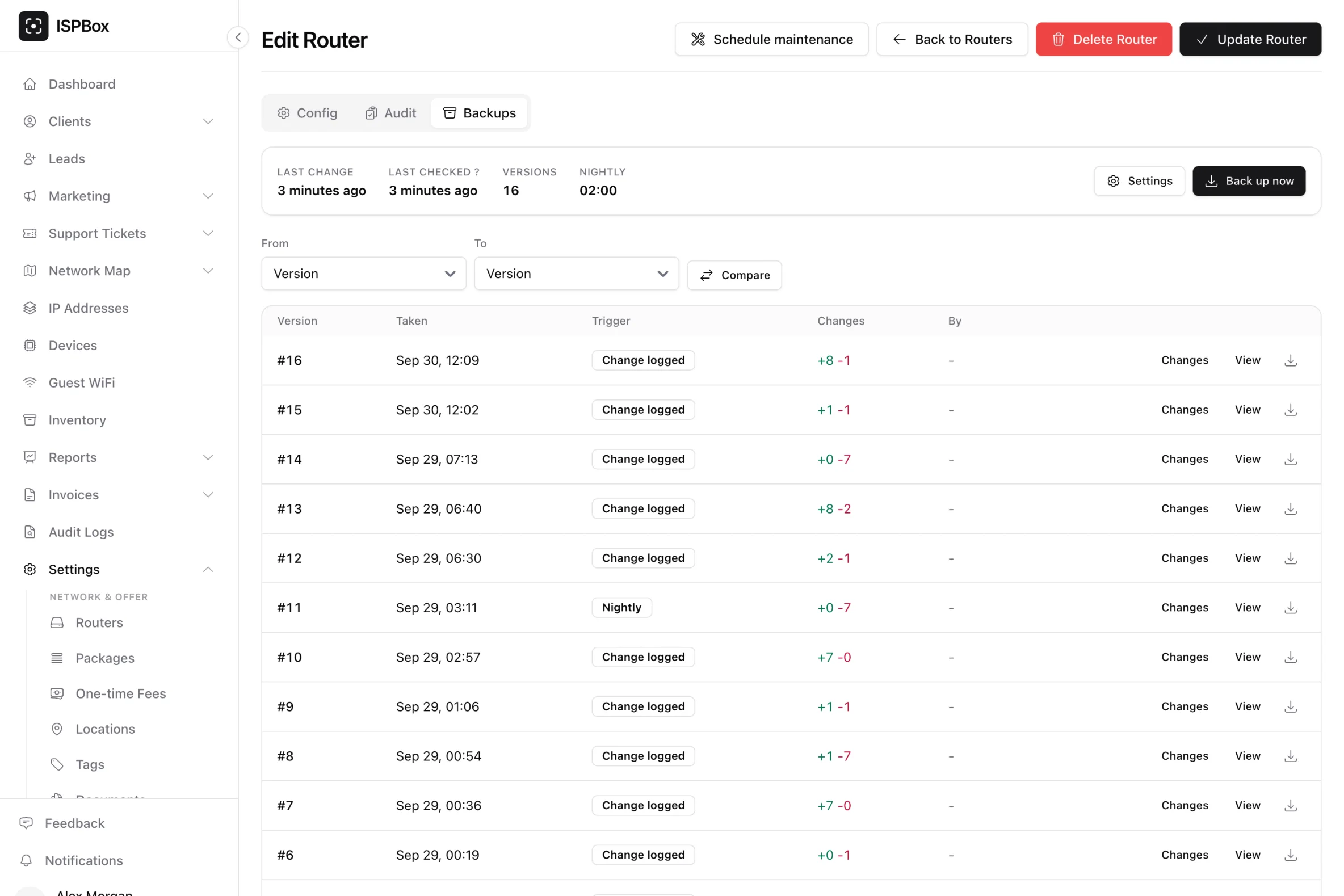 A router's Backups tab: every version, what triggered it and how many lines changed