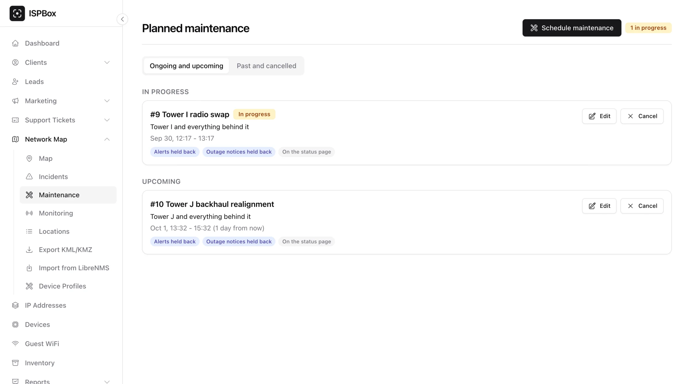 Network Map > Maintenance with one window in progress and one coming up