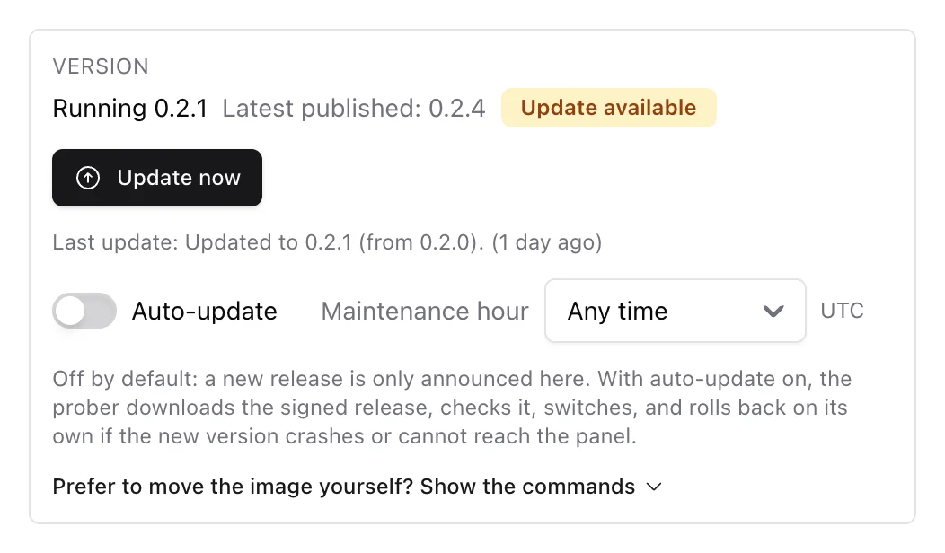 The Version row of a probe card: running version, latest release, Update now and Auto-update