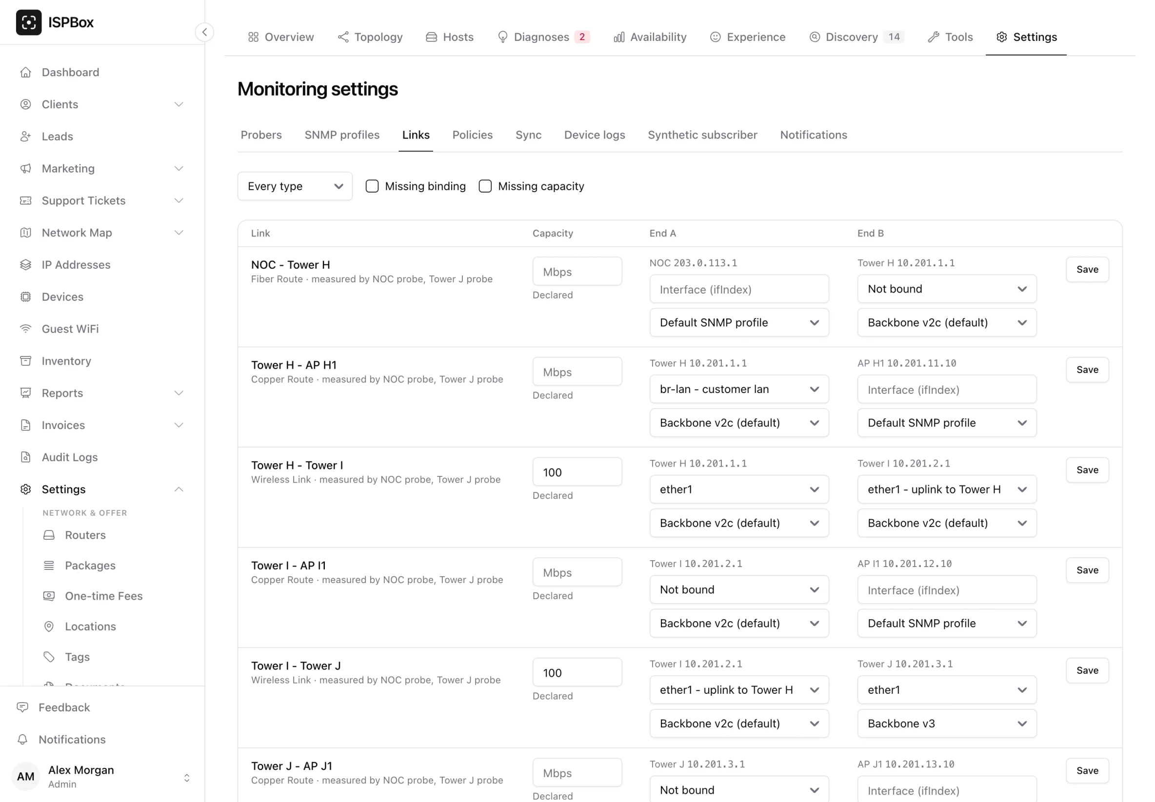 The Links tab listing every line with its endpoints, a capacity field, the interface bound at each end, SNMP profile overrides and which probers measured it
