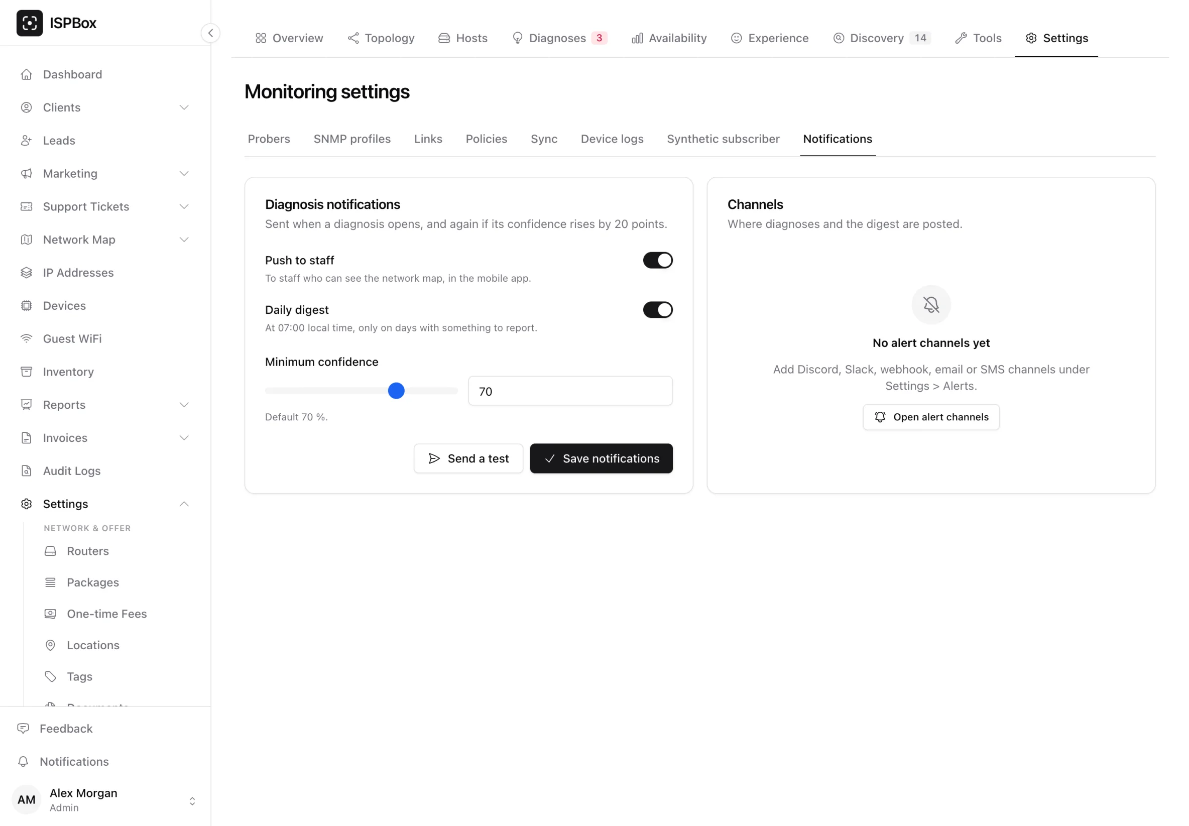 The Notifications tab with Push to staff and Daily digest switches, a minimum confidence slider set to 70, a Send a test button, and the alert channels panel