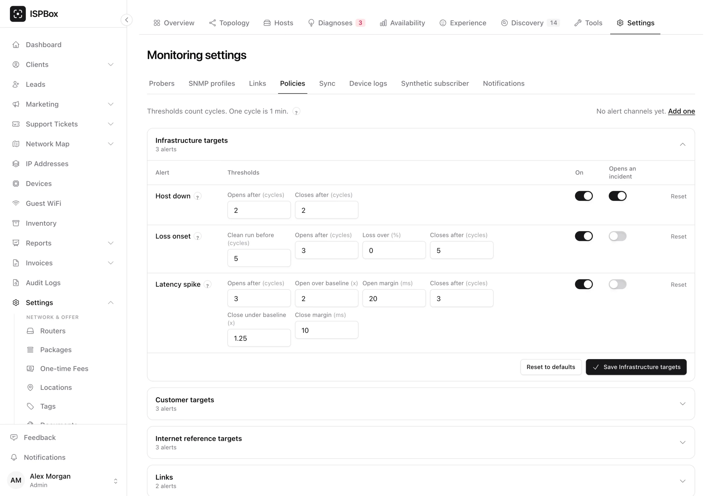 The Policies tab: thresholds count cycles, and the Infrastructure targets table with Host down, Loss onset and Latency spike, their thresholds, On and Opens an incident switches and Reset