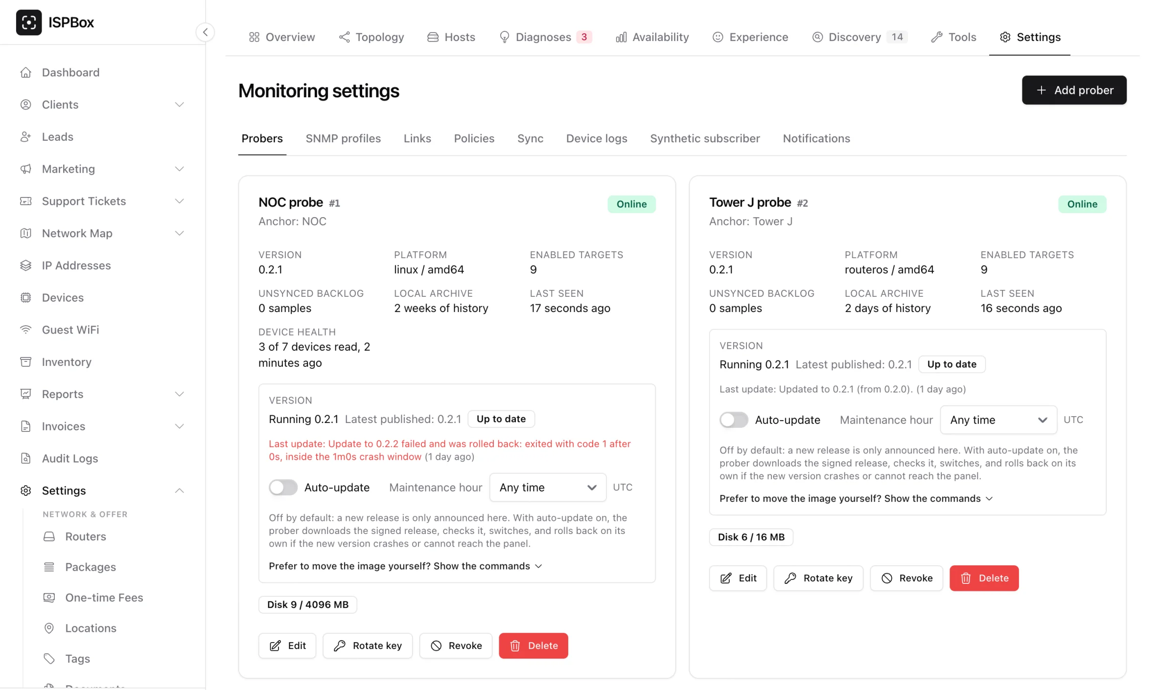 The Probers tab with a card per prober: status, anchor, version, platform, enabled targets, unsynced backlog, local archive, device health, the Version row, disk, and Edit, Rotate key, Revoke and Delete
