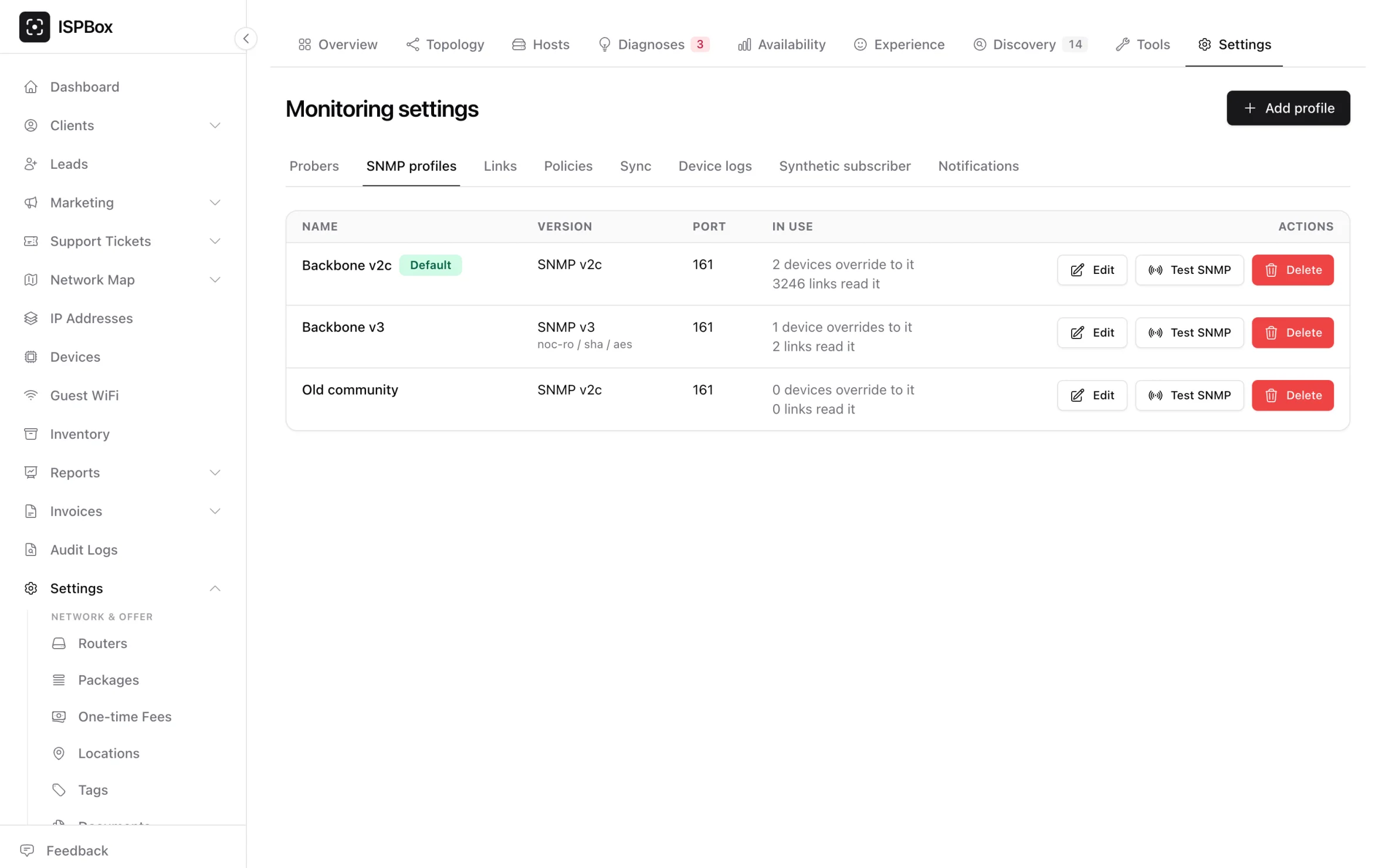 The SNMP profiles tab listing each profile with its version, port and how many devices and links use it, with Edit, Test SNMP and Delete