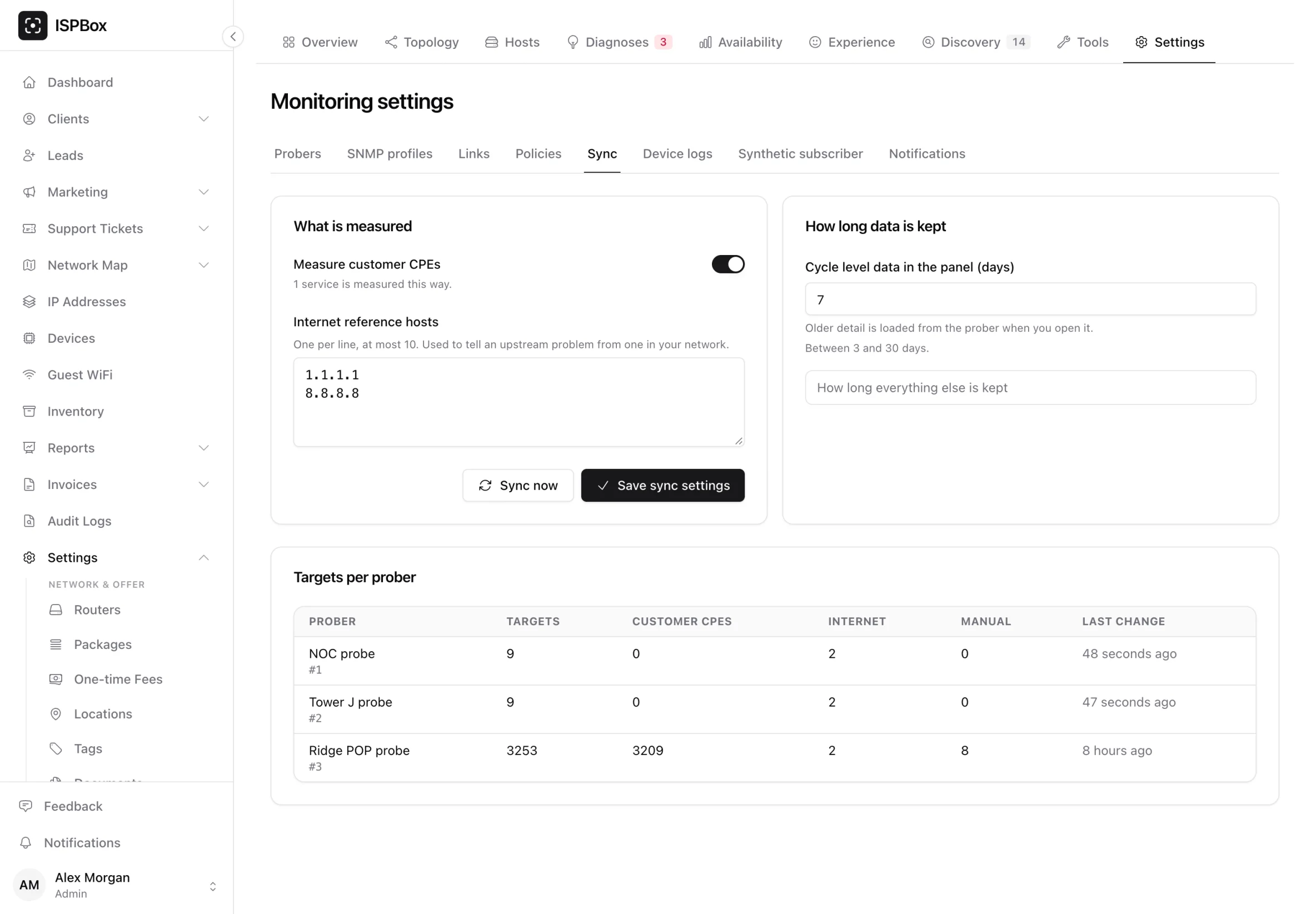 The Sync tab with the Measure customer CPEs switch, the internet reference hosts field, the panel retention setting, the folded list of how long everything else is kept, and a per-prober summary of what the sync produced