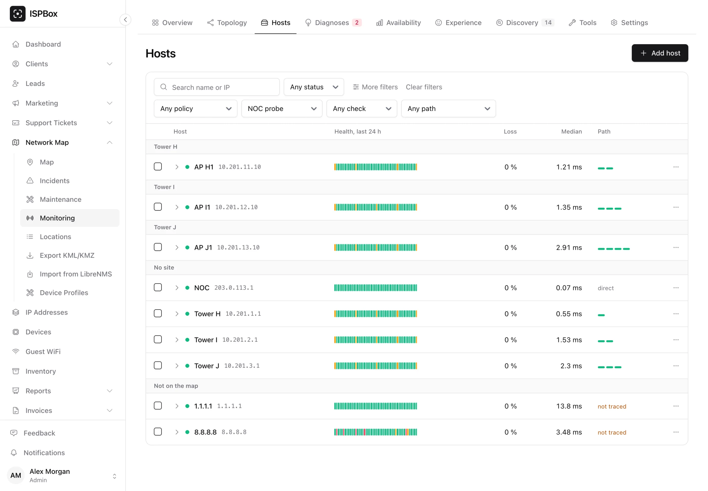 The Hosts list grouped by site, with search, status, policy, prober, check and path filters, and a row per host with its 24 h health, loss, median and path