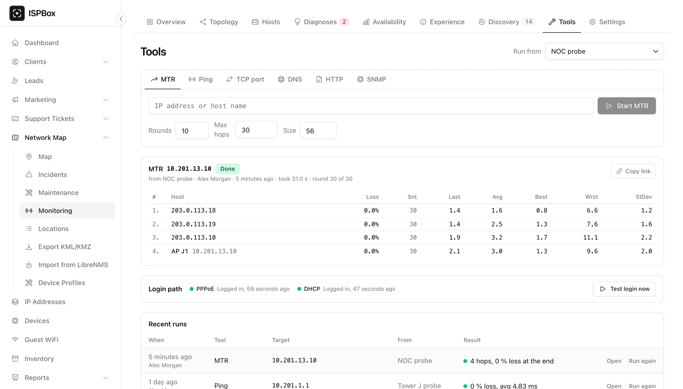 The Tools page running an MTR from a probe: every hop with loss and latency