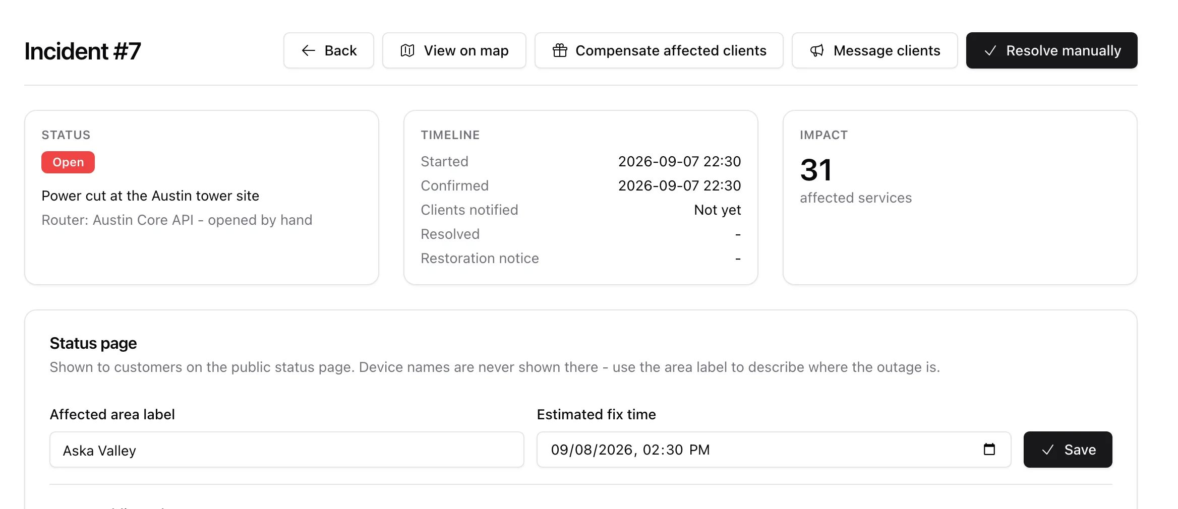 A manually opened incident: the status card reads Power cut at the Austin tower site with Router: Austin Core API - opened by hand, next to the timeline and an impact of 31 affected services
