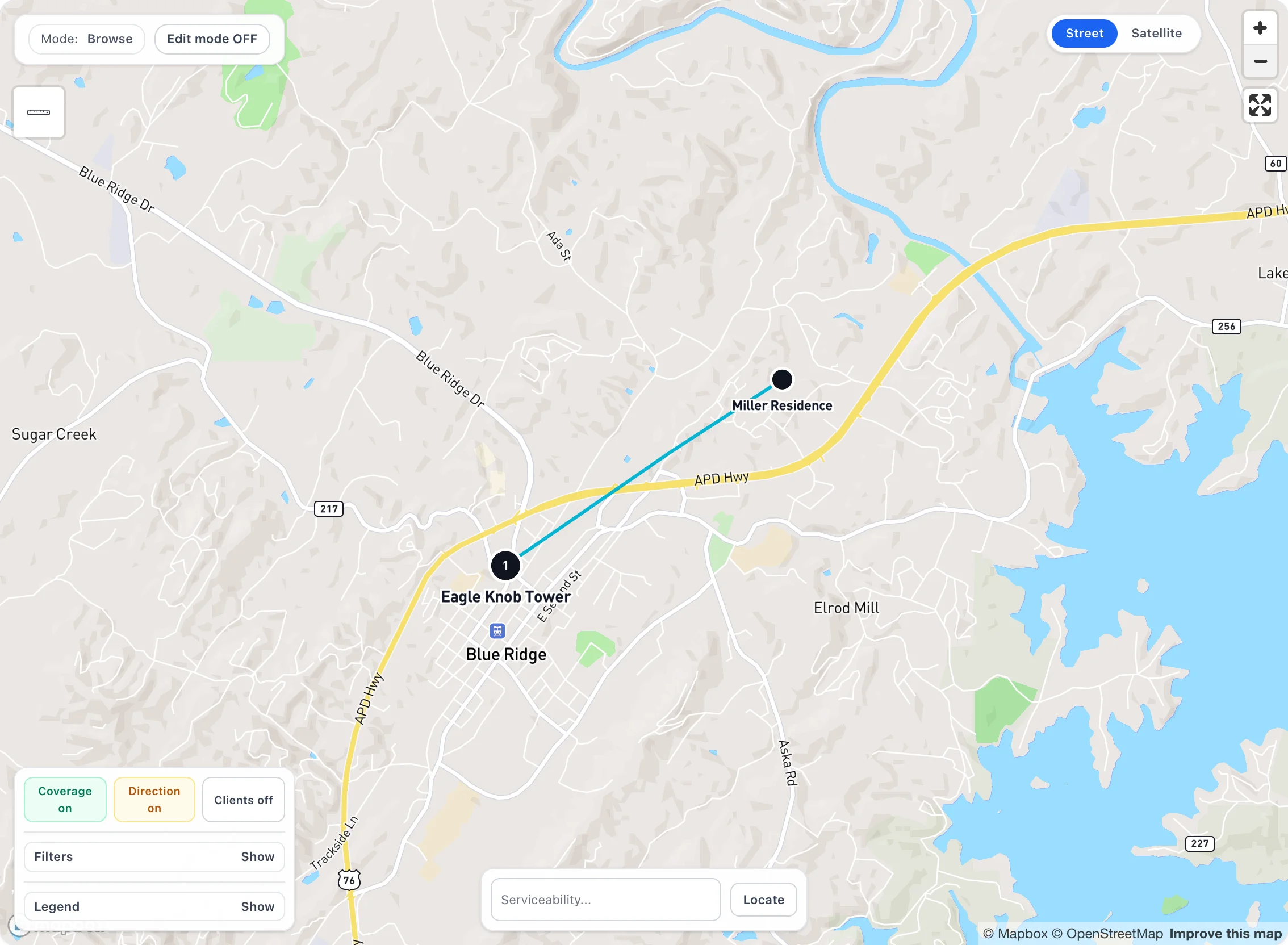 The ISPBox network map showing a tower and a customer premises connected by a wireless link over Blue Ridge