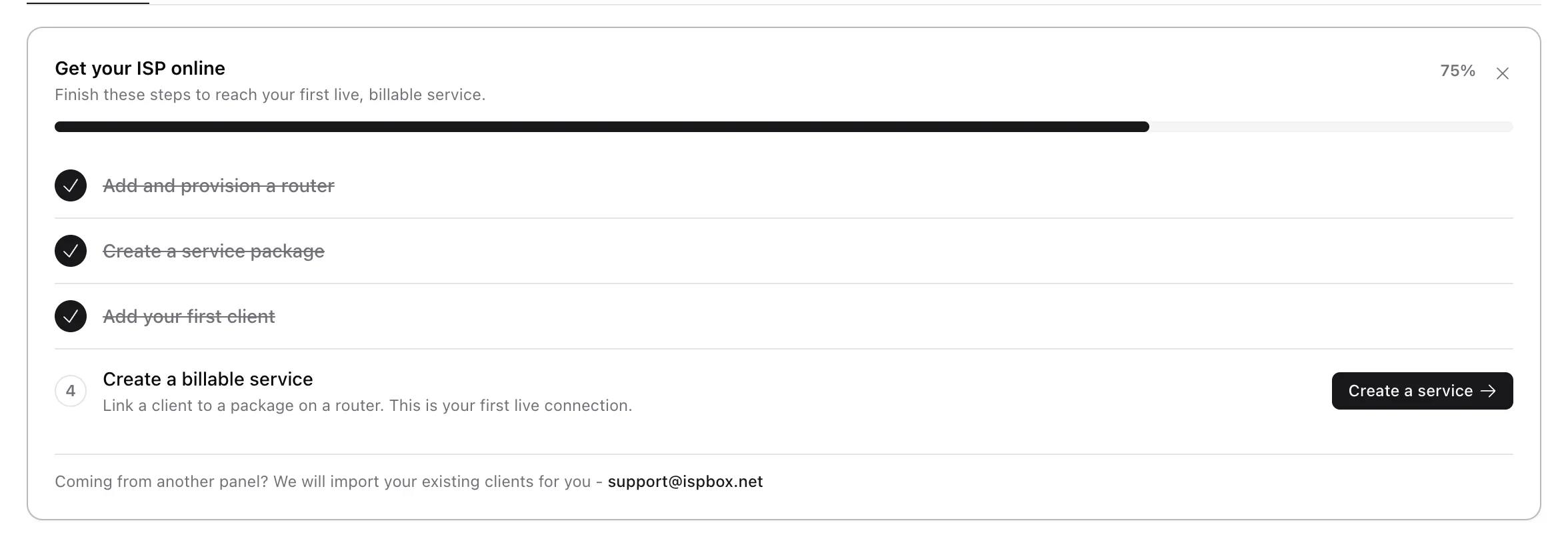 Checklist at 75 percent with three steps struck through and only the service step remaining