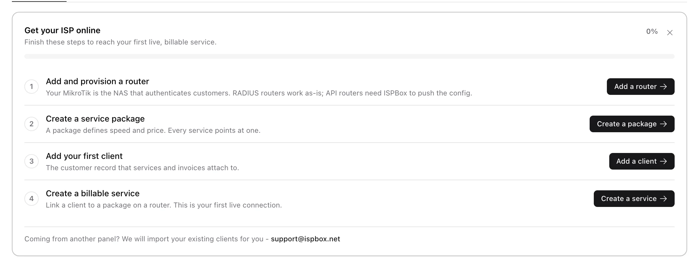 The Get your ISP online checklist on the ISPBox dashboard