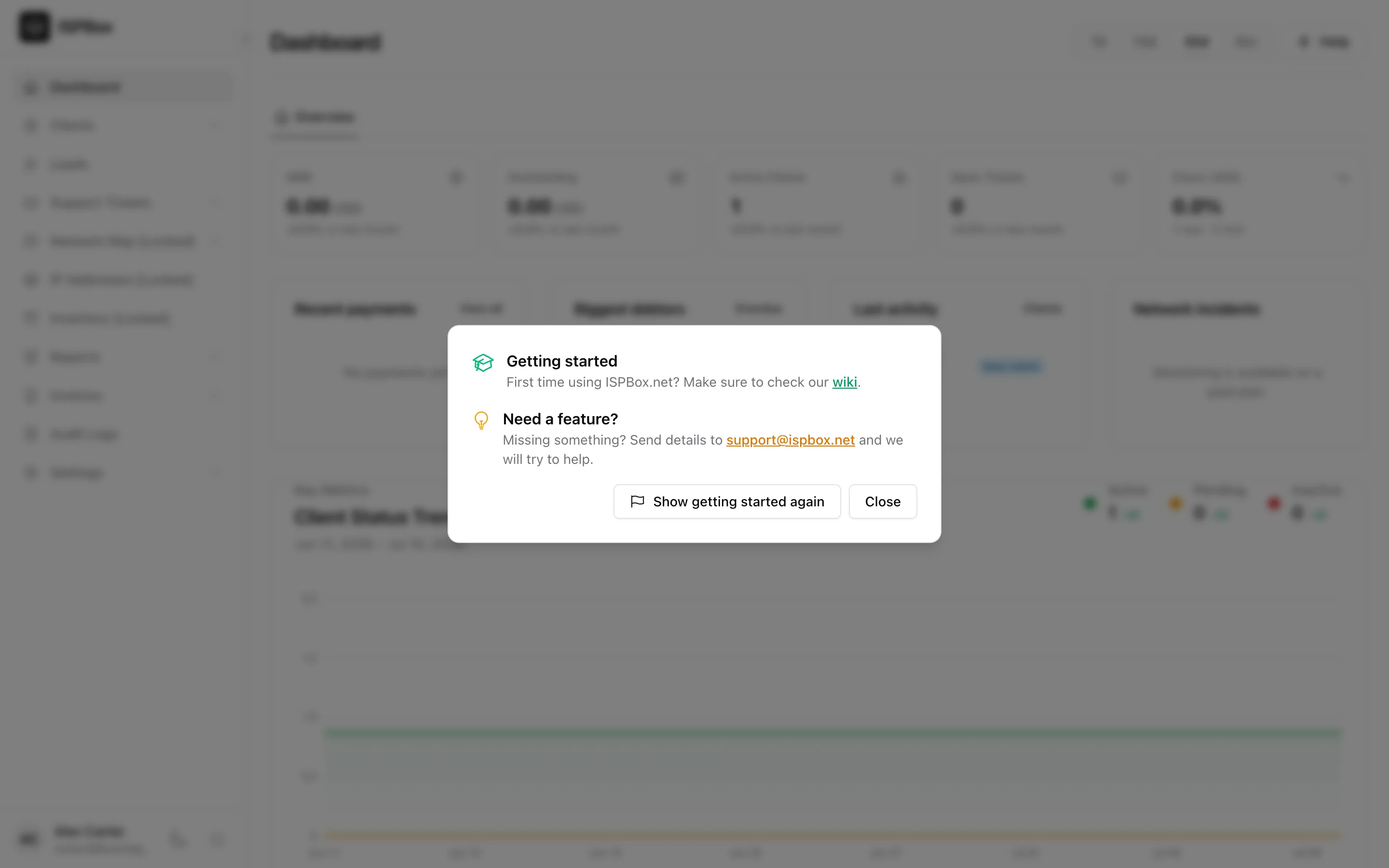 Help modal with the Show getting started again button