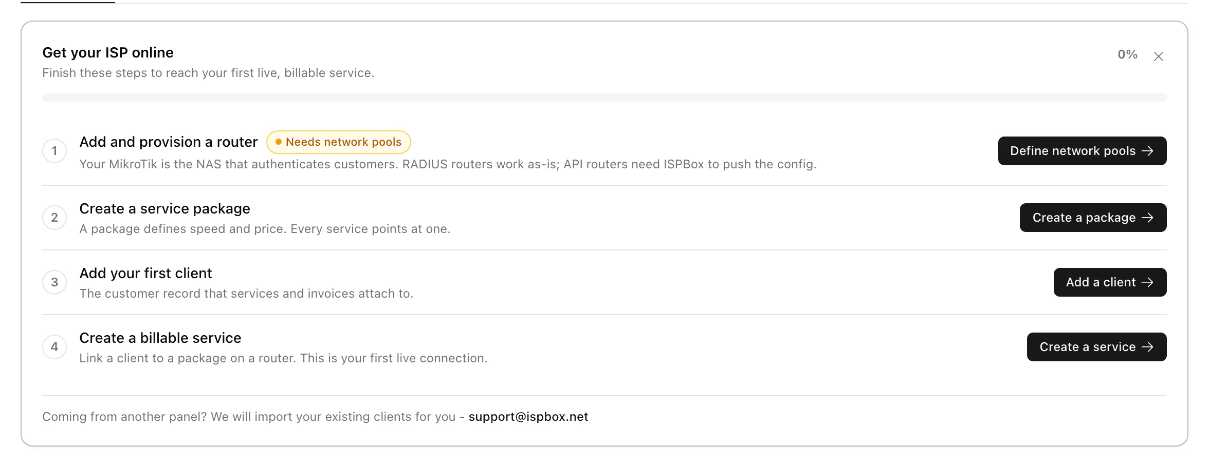 Checklist showing the Needs network pools badge and a Define network pools button