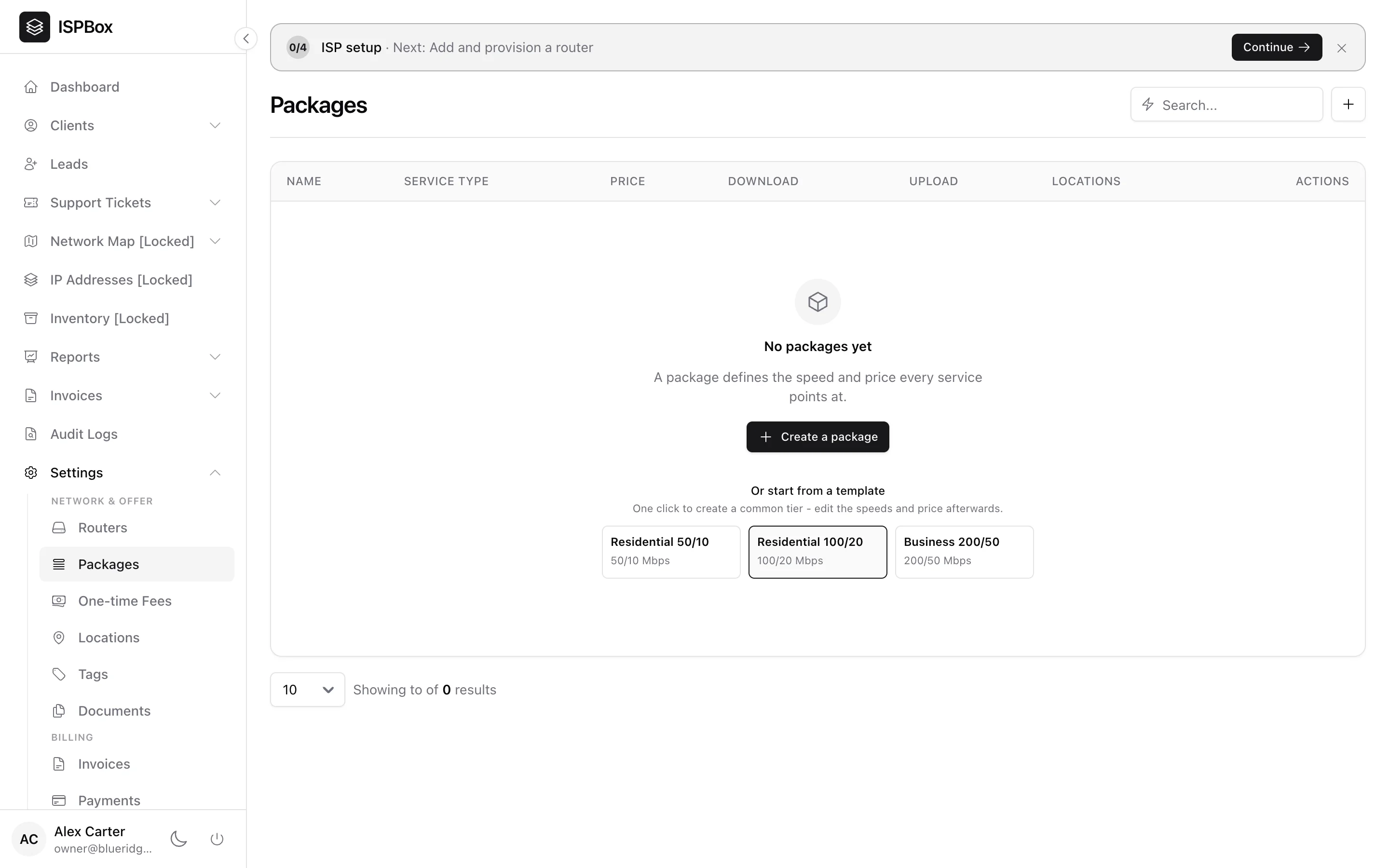 Empty Packages page with one-click starter templates and the ISP setup bar on top