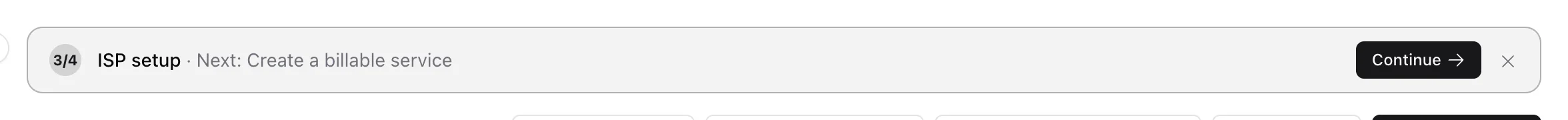 ISP setup bar showing 3/4 and Next: Create a billable service