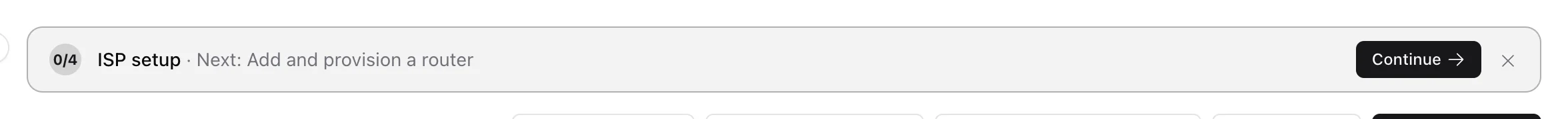 The ISP setup bar with progress 0/4 and a Continue button