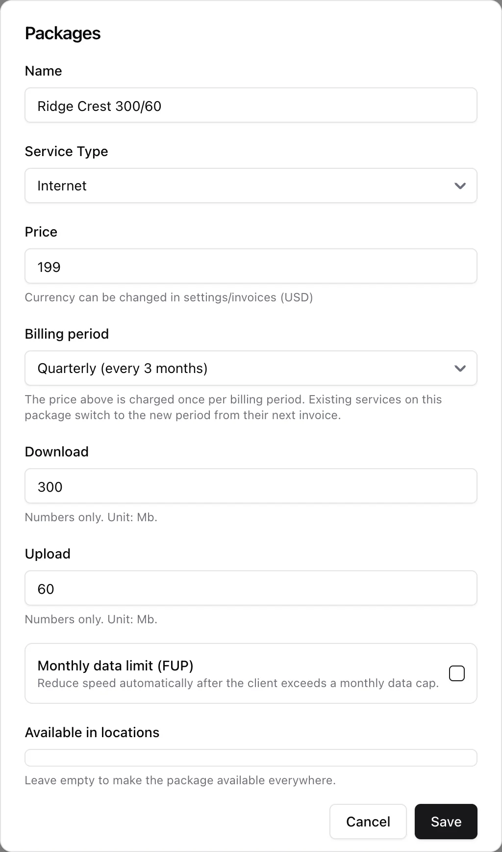 The package form with name, service type, price, billing period, download and upload speeds and an optional monthly data limit