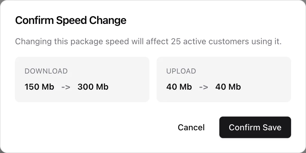 The Confirm Speed Change dialog showing how many active customers are affected and the old and new download and upload speeds