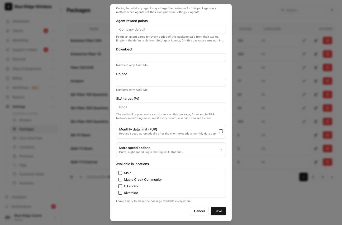 The package form with the More speed options row closed under the monthly data limit