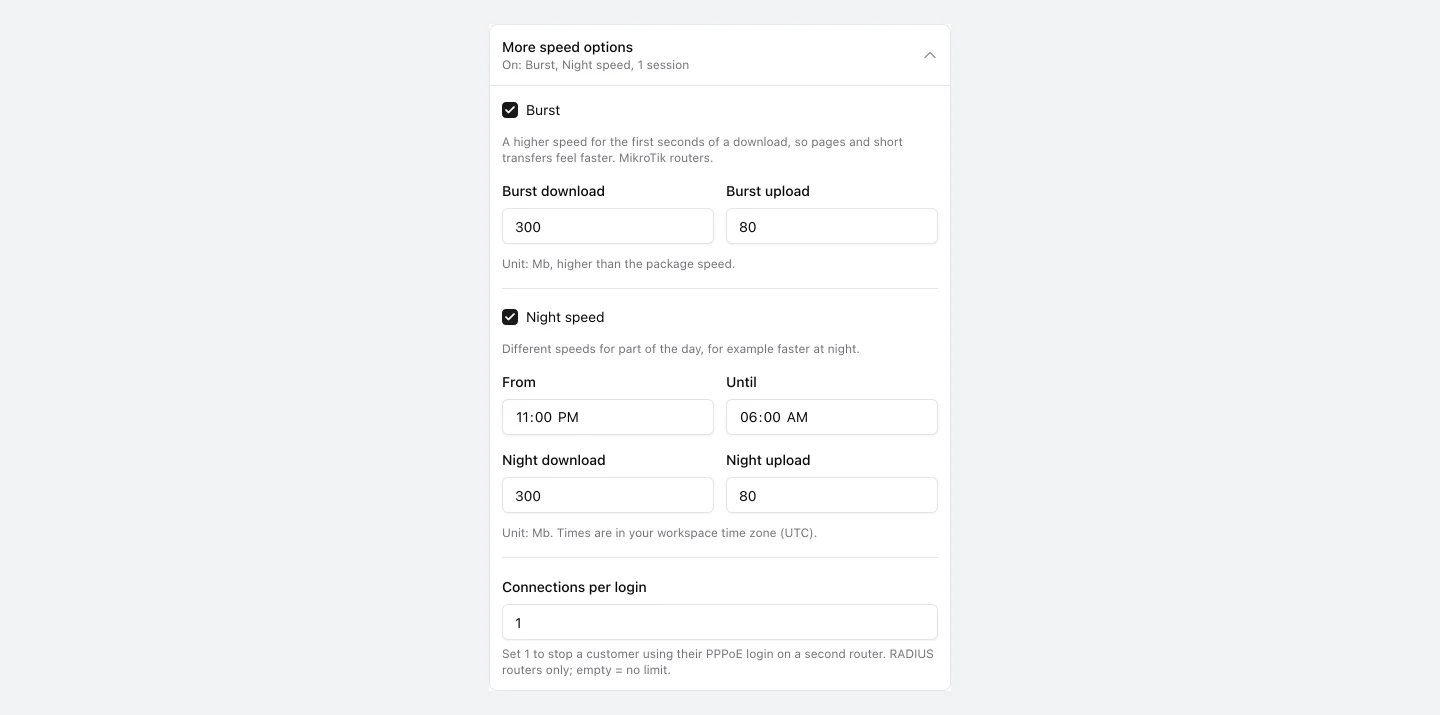 The More speed options row opened with Burst, Night speed and Connections per login
