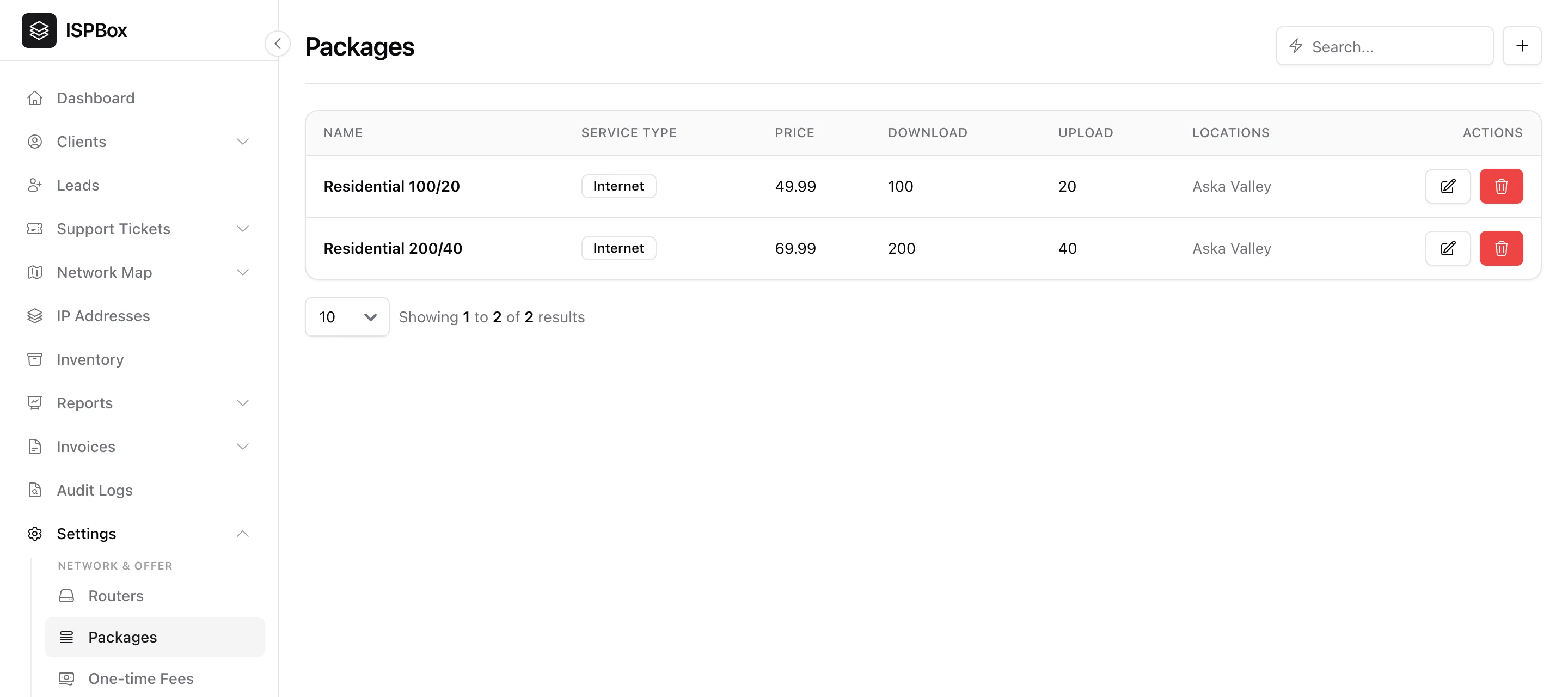 The Packages settings page listing service plans with their speeds and prices