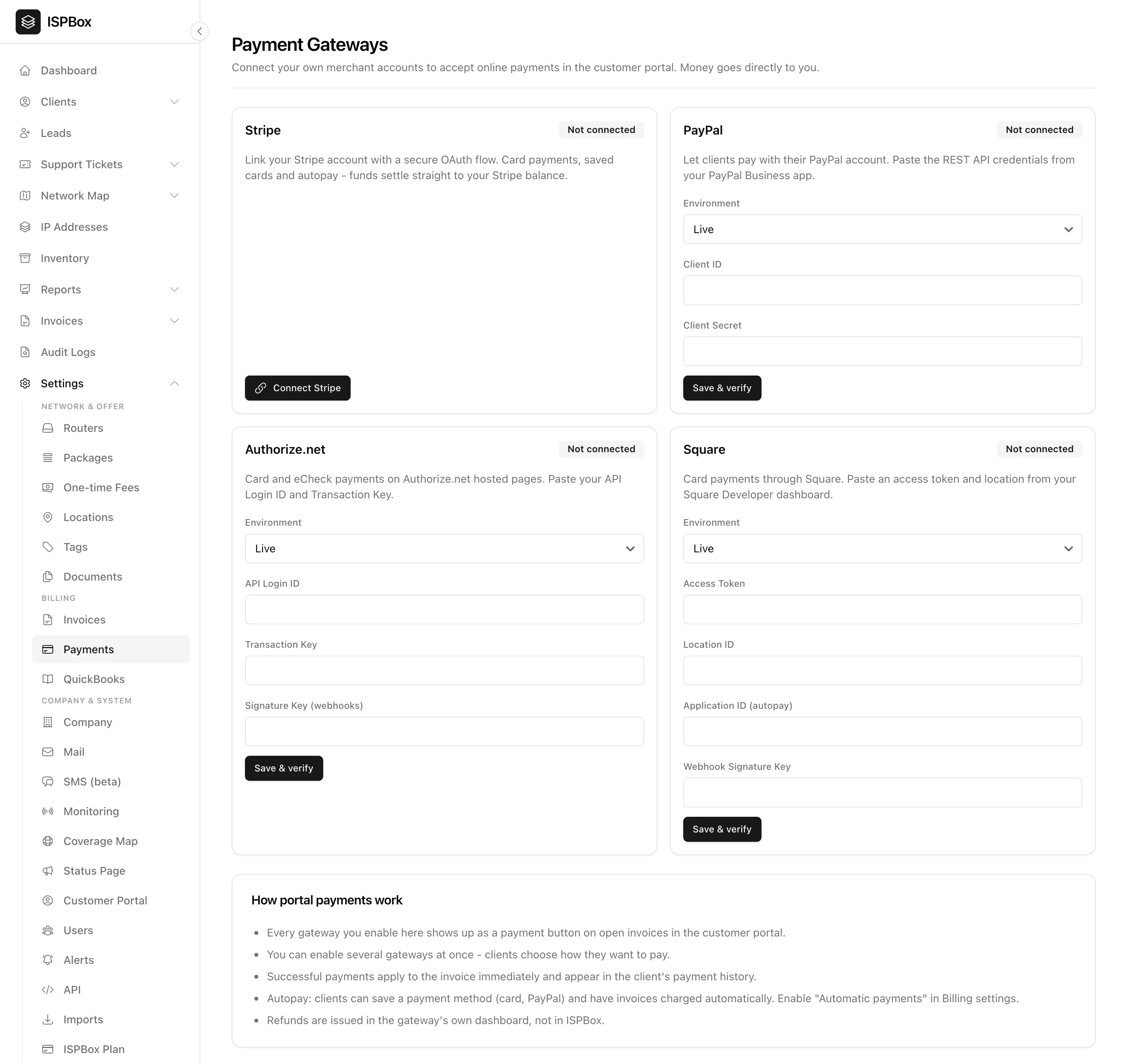 Payment Gateways settings: Stripe, PayPal, Authorize.net and Square cards with connection status