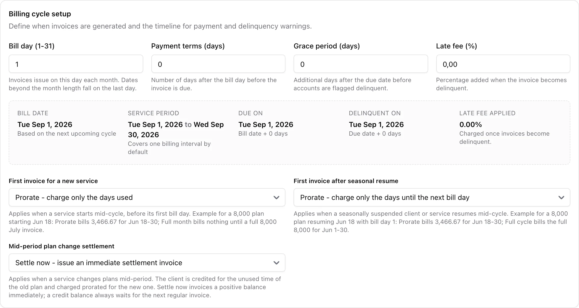 Settings > Invoices > Billing cycle: the mid-period plan change settlement mode with settle now and next invoice options